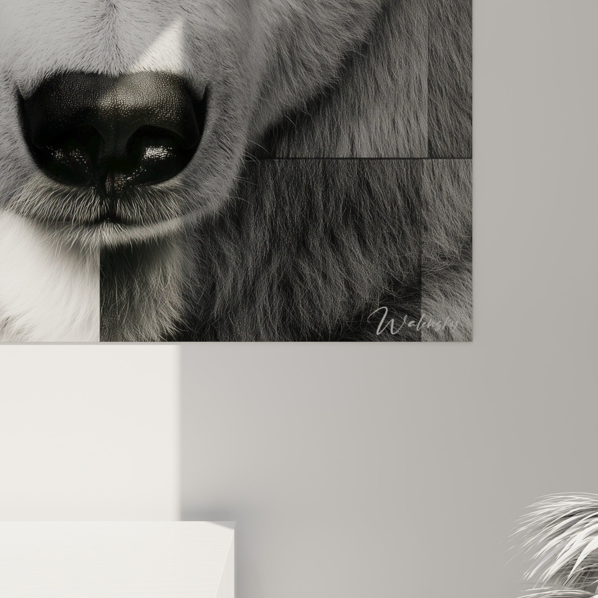 Détail du museau noir et de la fourrure blanche granuleuse de l'ours polaire, jeu de gris subtil
