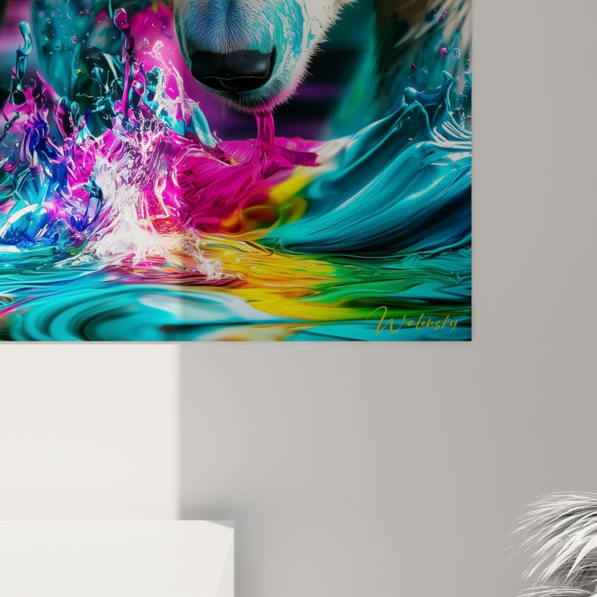 Éclaboussures de peinture turquoise et magenta figées en coulures épaisses sur la fourrure blanche des ours
