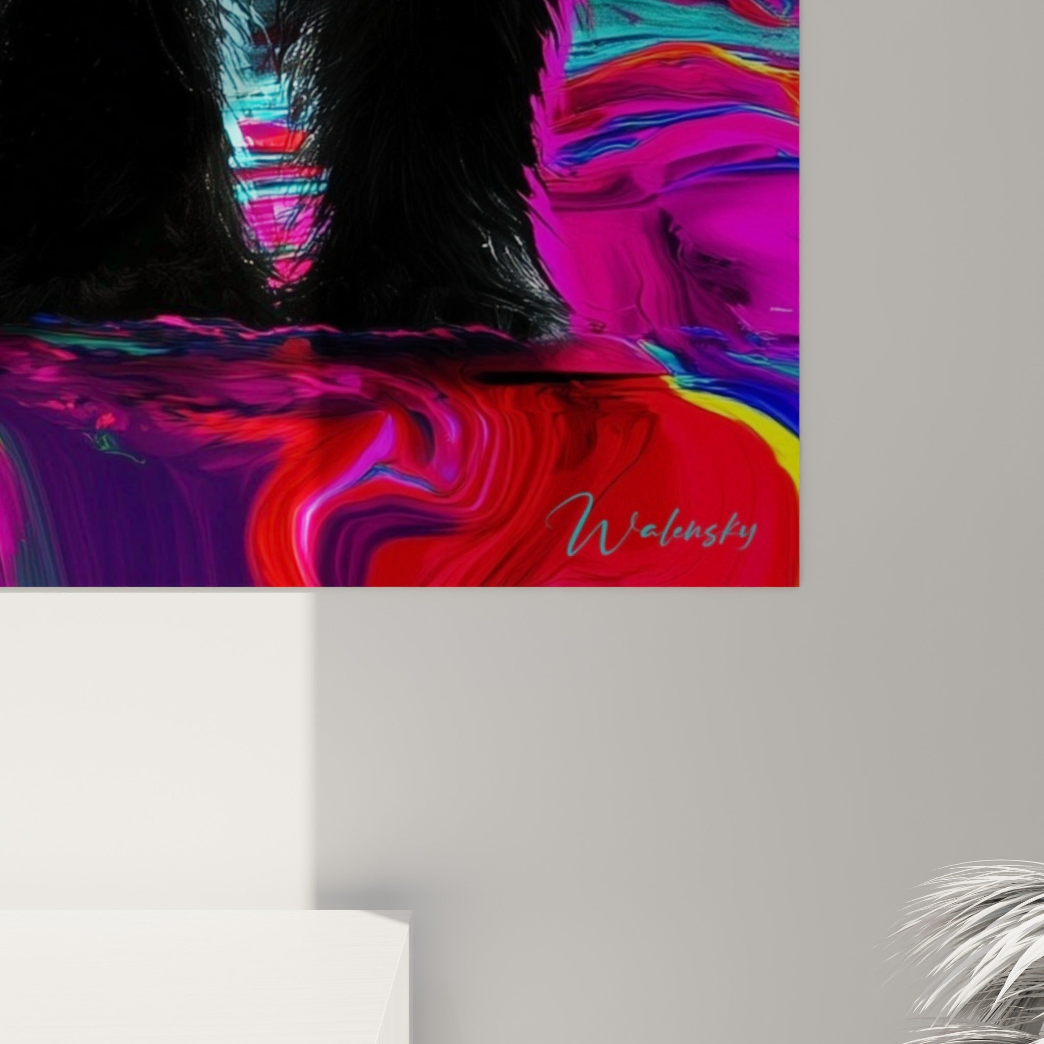 Empâtements et coulures colorées du pelage de l'ours polaire, fuchsia et bleu se mêlant sur la toile