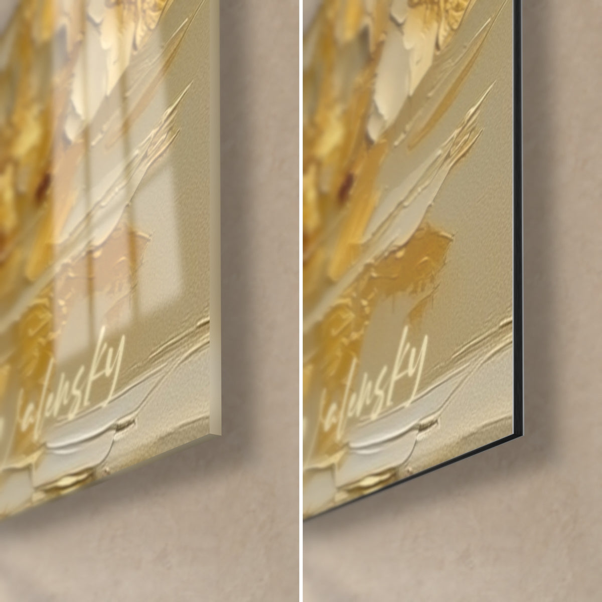 Tableau ours polaires ivoire et or, coin bas droit : verre acrylique brillant à gauche, alu Dibond mat à droite, tranche de 3 mm