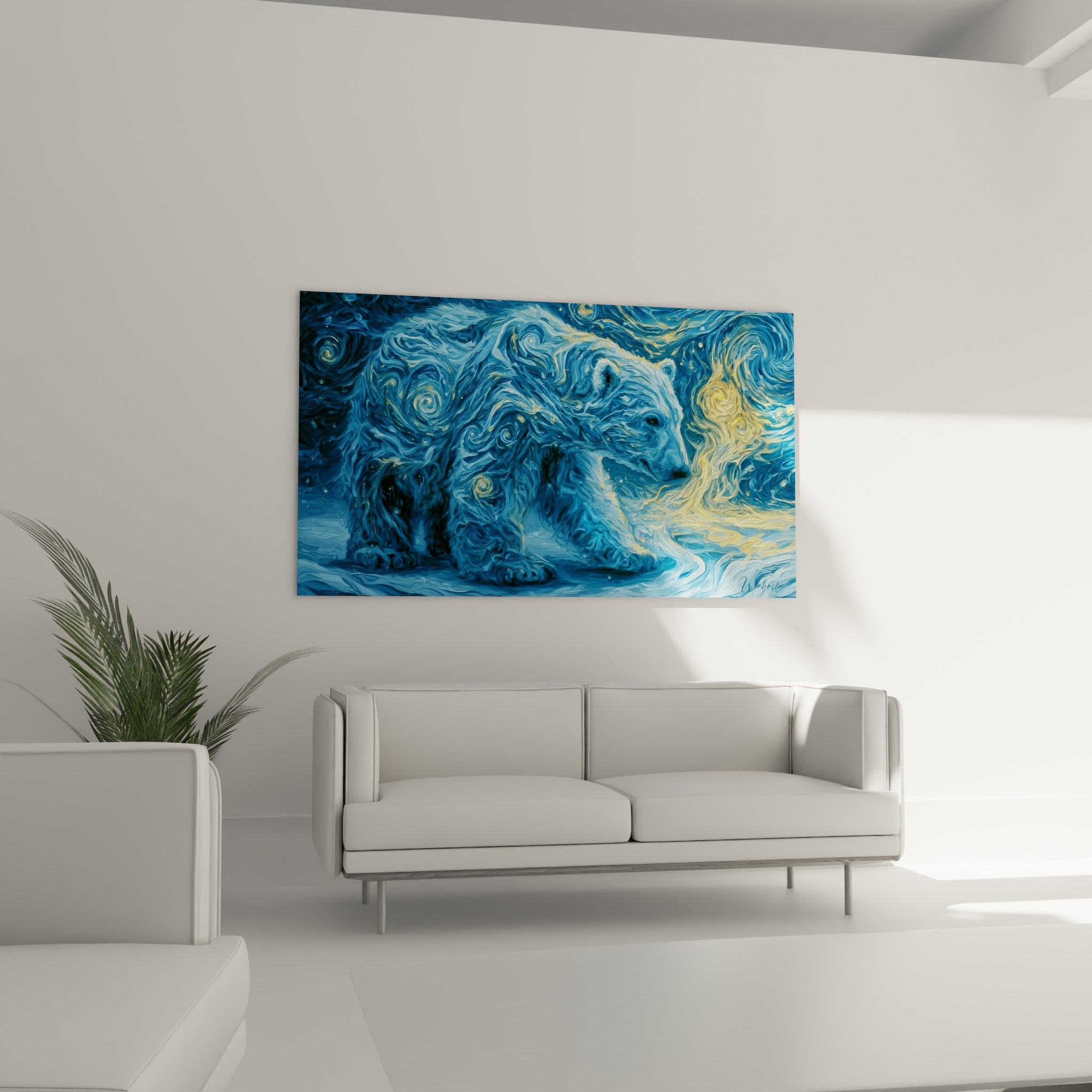 Silhouette d'ours en nuances bleu marine et jaune doré, disposée au-dessus d'un canapé dans un salon lumineux