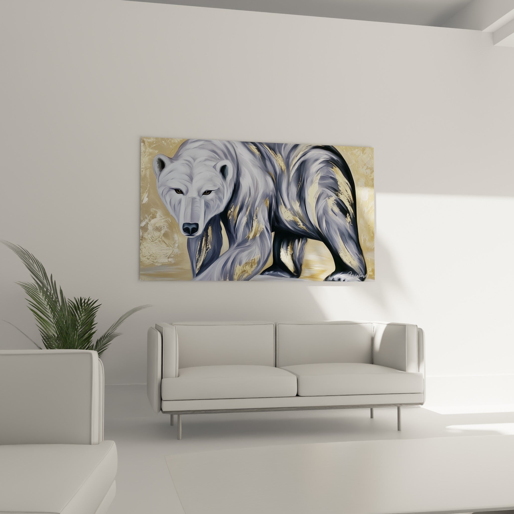 Majestueux ours polaire aux reflets dorés placé au-dessus d'un canapé dans un salon lumineux