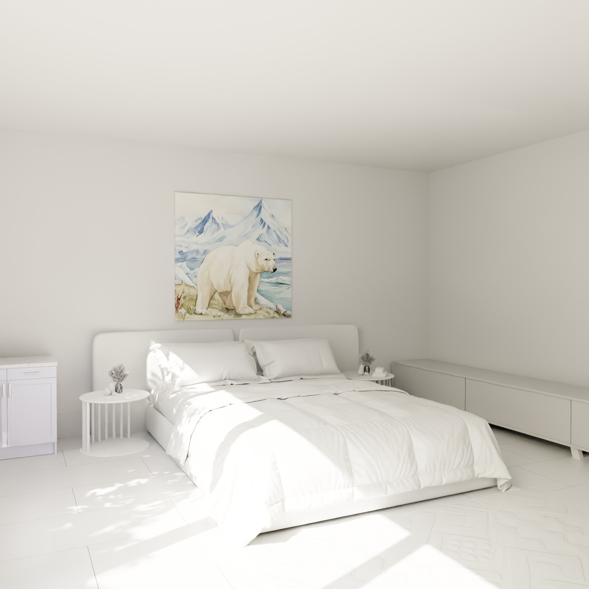 Silhouette d'ours polaire crème face à des sommets bleu ardoise, au-dessus d'un lit dans une chambre claire