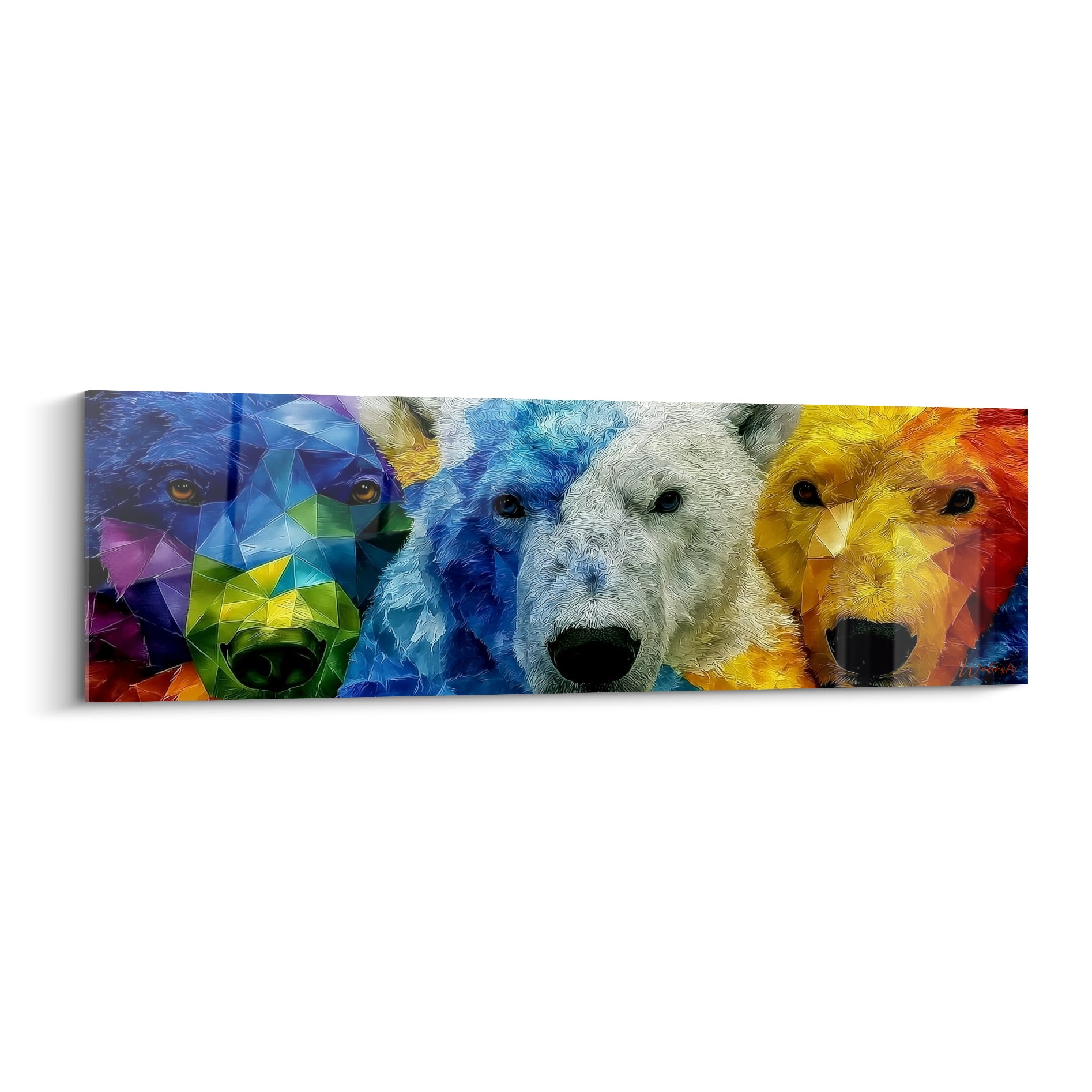 Trois têtes d'Ours polaire bleu, blanc et doré en facettes géométriques colorées