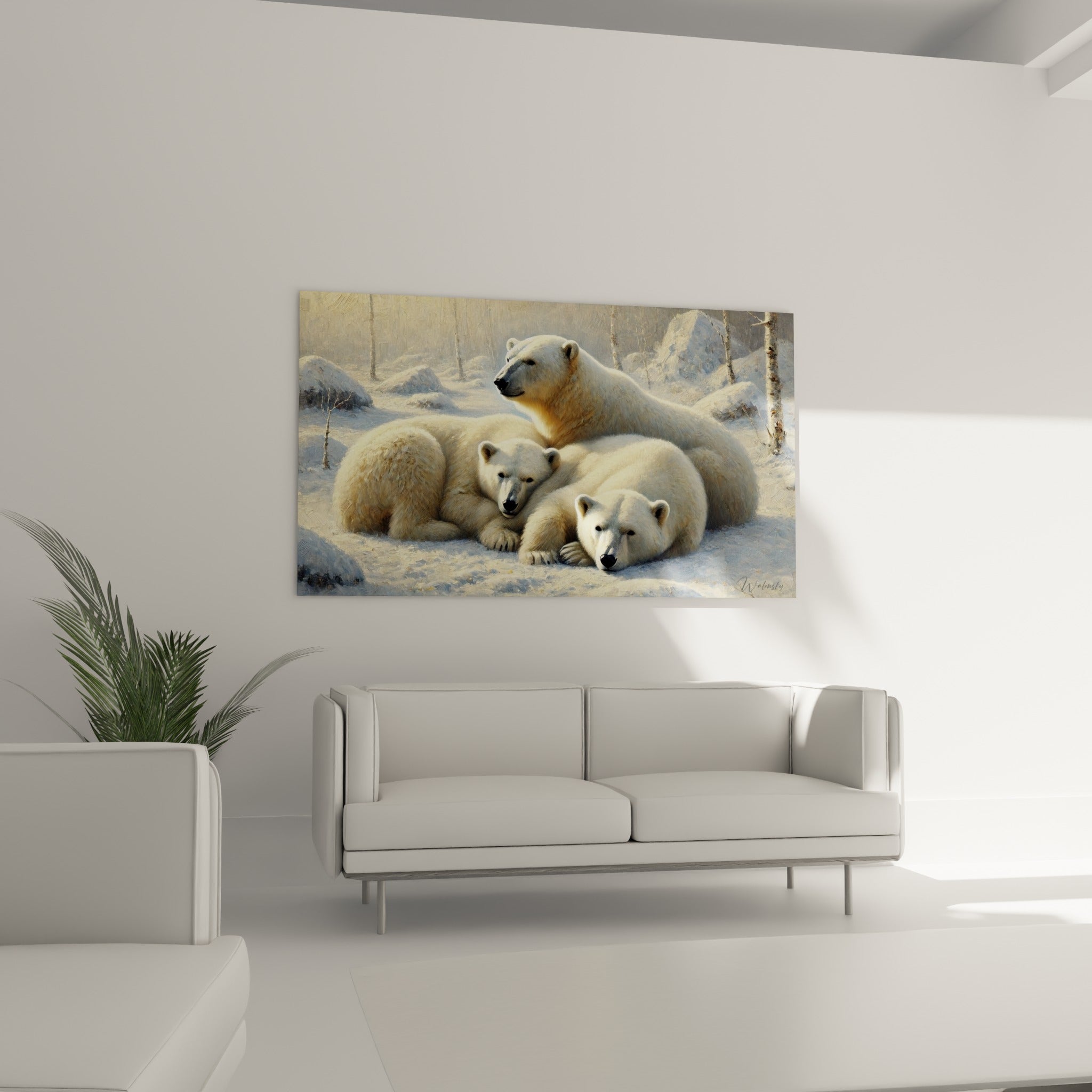 Trio d'ours polaires blancs et dorés accroché au-dessus d'un canapé dans un salon lumineux