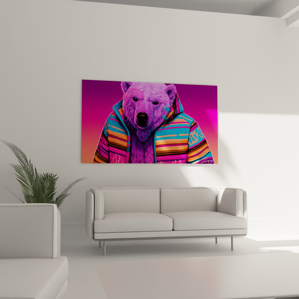 Fourrure violette texturée de l'ours polaire, doudoune à rayures bleu et bordeaux, au-dessus d'un canapé dans un salon lumineux