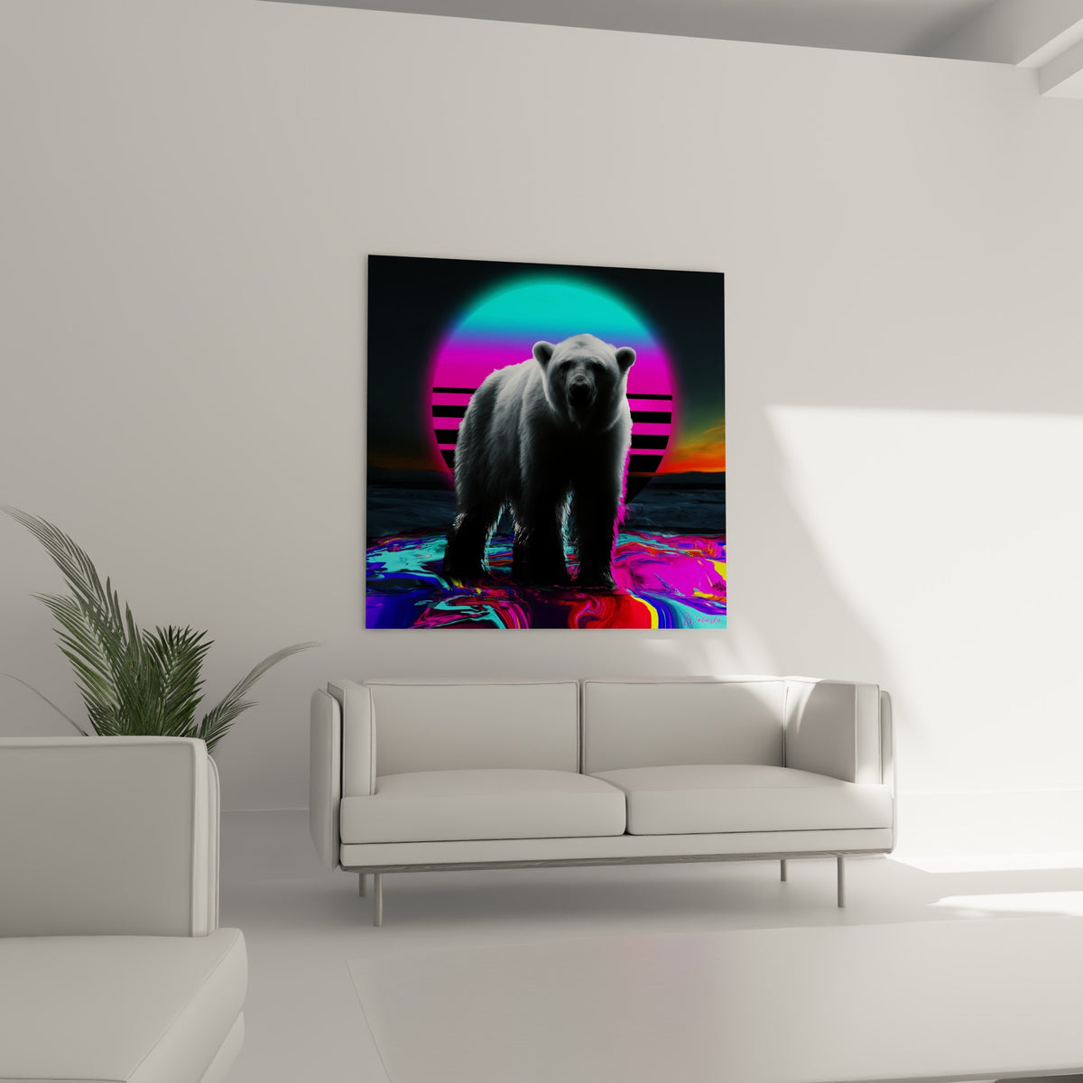 Ours polaire face à un soleil vaporwave rose et bleu, disposé au-dessus d'un canapé dans un salon lumineux