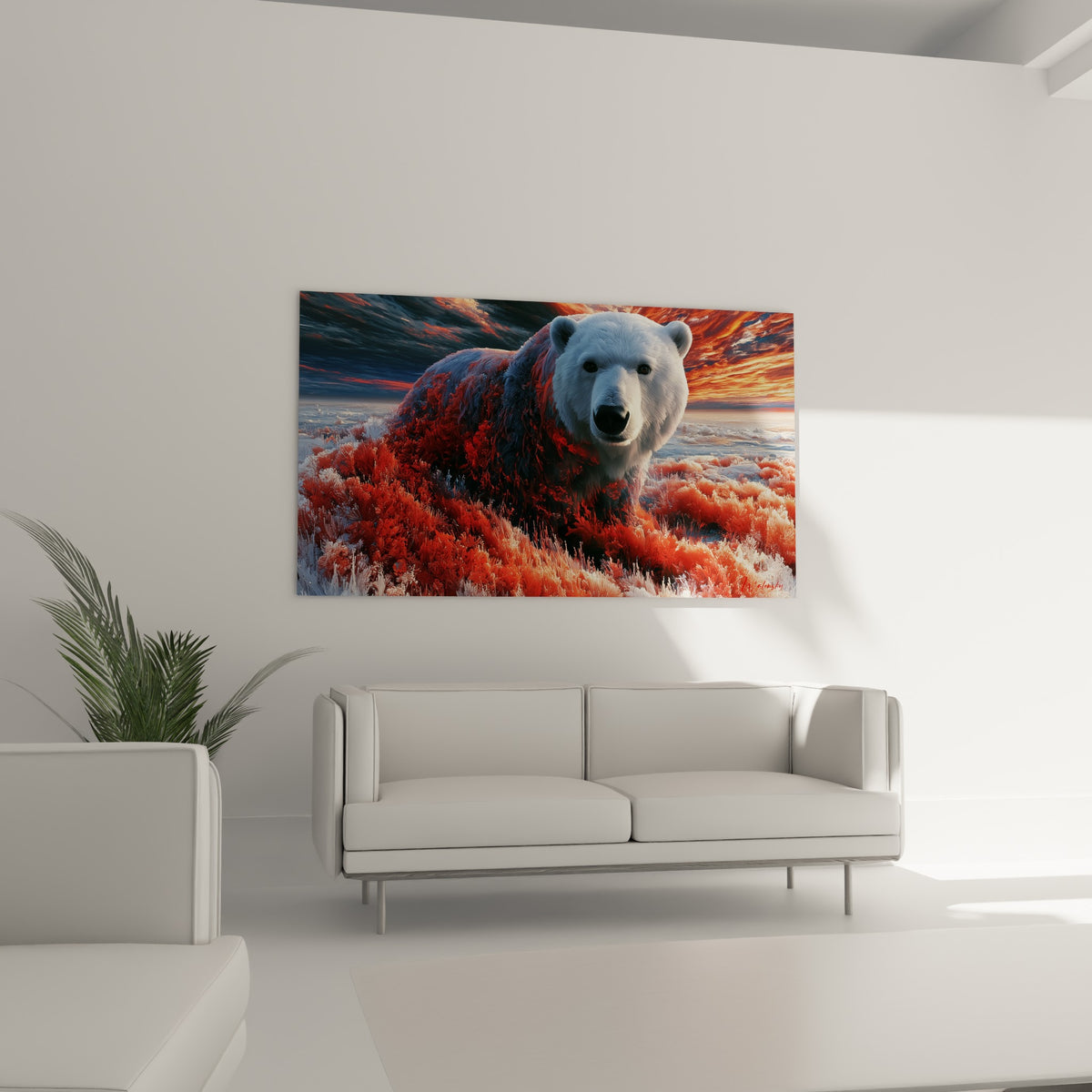 Ours polaire au regard intense entouré de végétation rouge au-dessus d'un canapé dans un salon lumineux