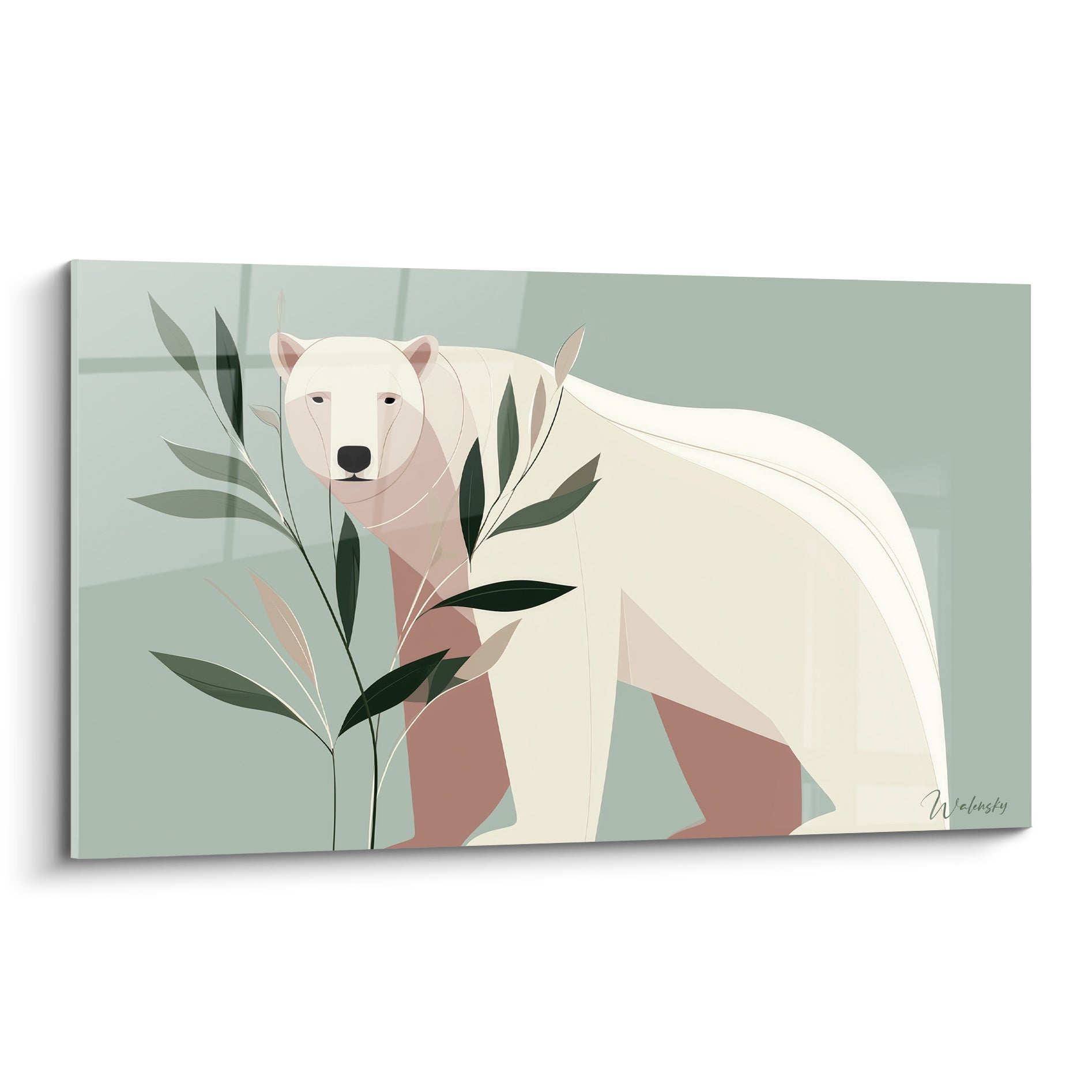 Ours polaire crème et terracotta traversant un feuillage vert sauge stylisé sur fond pastel