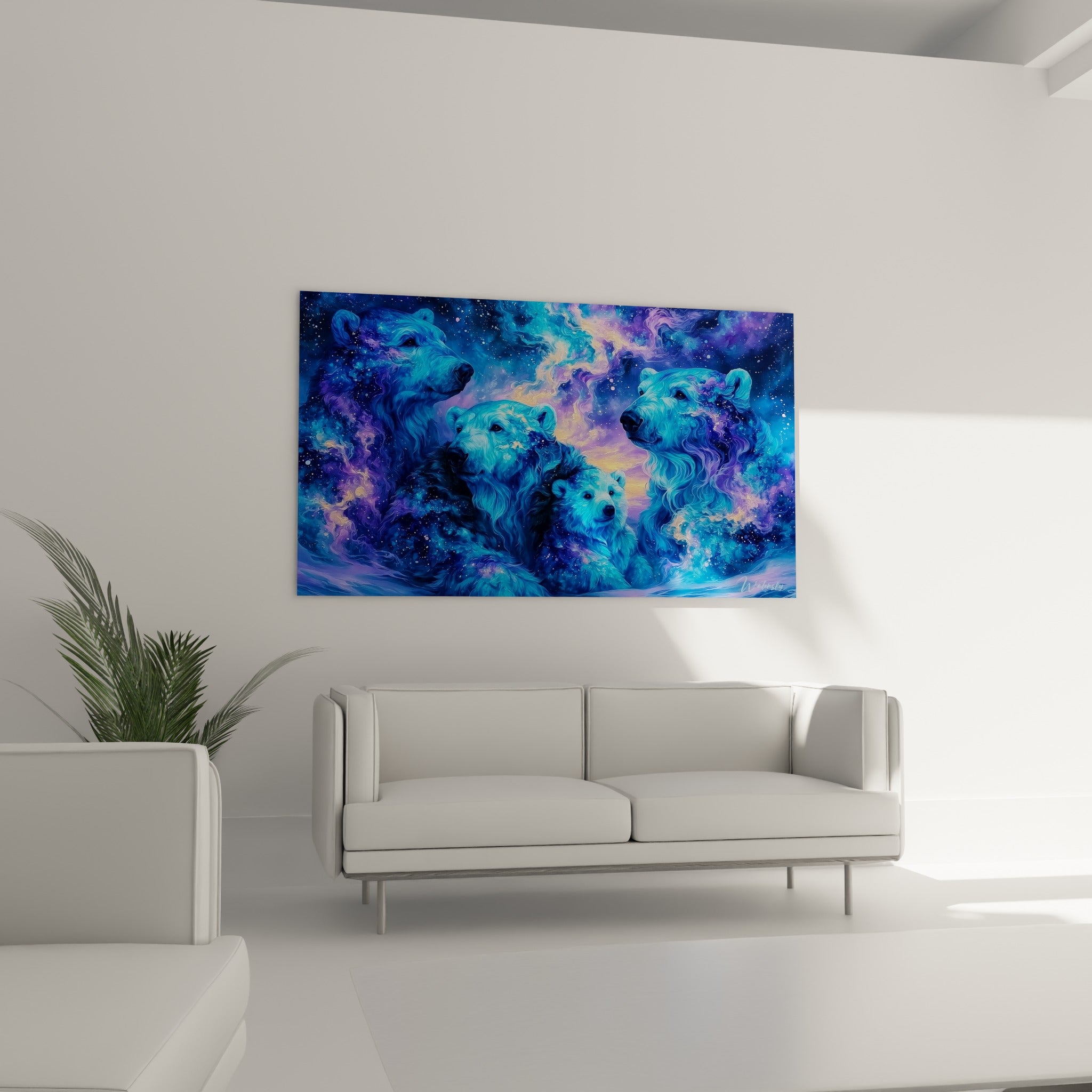 Ours polaires nébuleuse mauve et bleu marine, accrochés au-dessus d'un canapé dans un salon lumineux