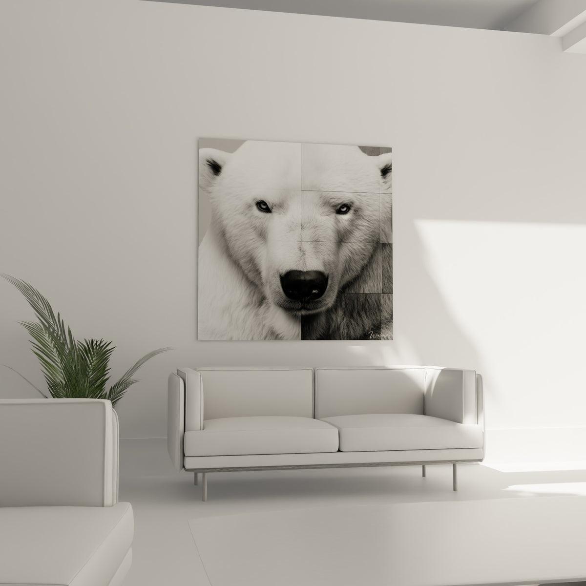 Ours polaire aux yeux perçants, pelage blanc et ombres grises, au-dessus d'un canapé dans un salon lumineux