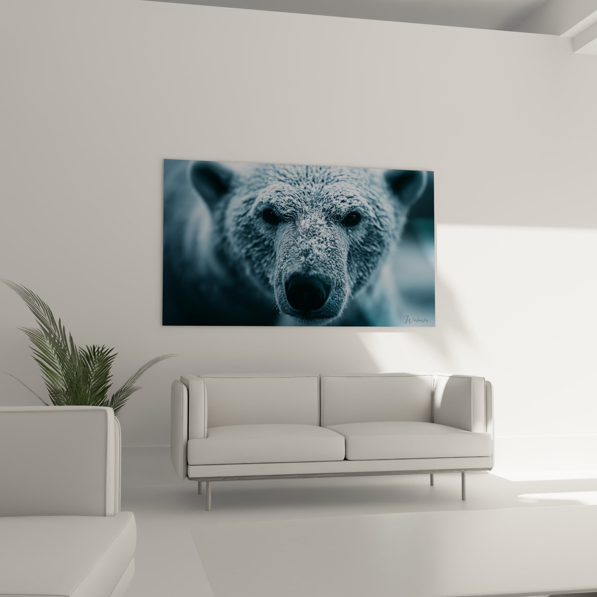 Regard intense d'ours polaire aux teintes bleu glacé, suspendu au-dessus d'un canapé dans un salon lumineux