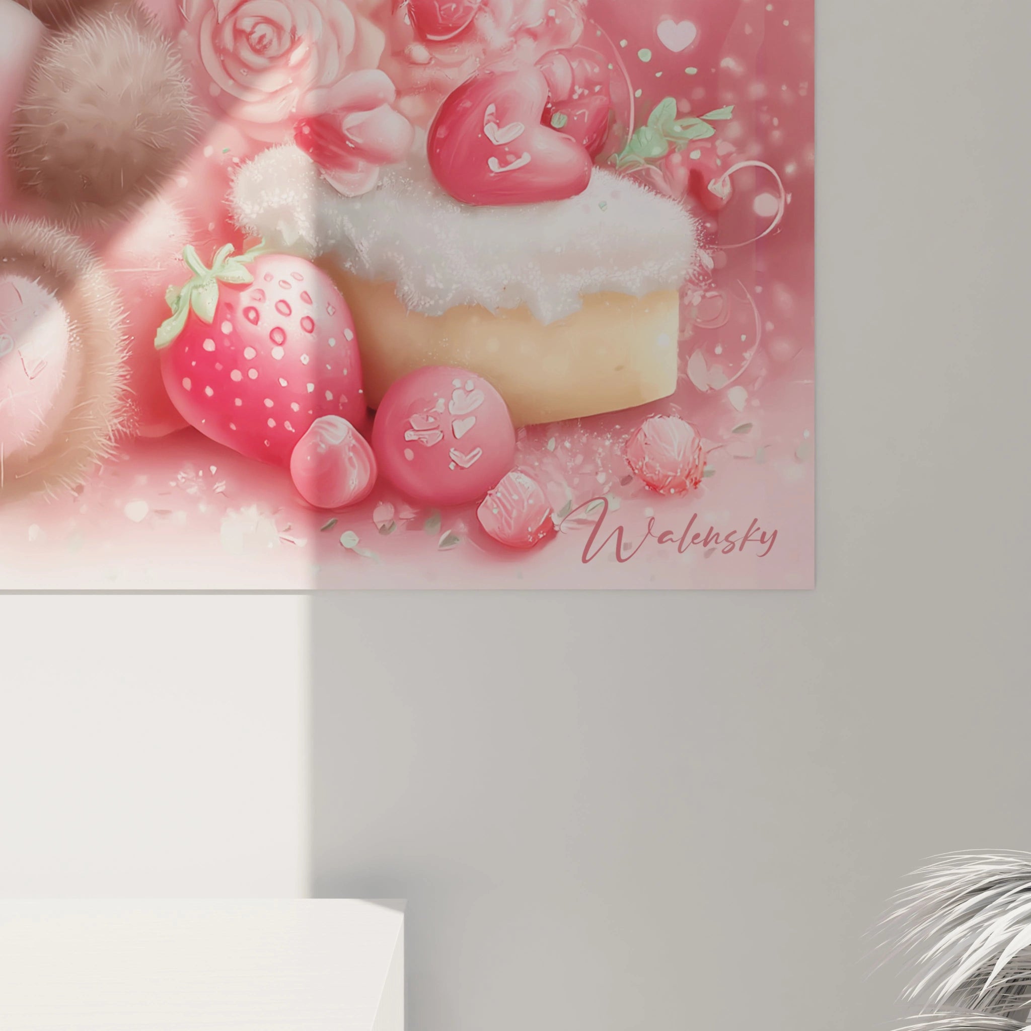 Walensky tableau ourson saint valentin mural rose avec ourson en peluche fraises coeurs et texture duveteuse pour decoration