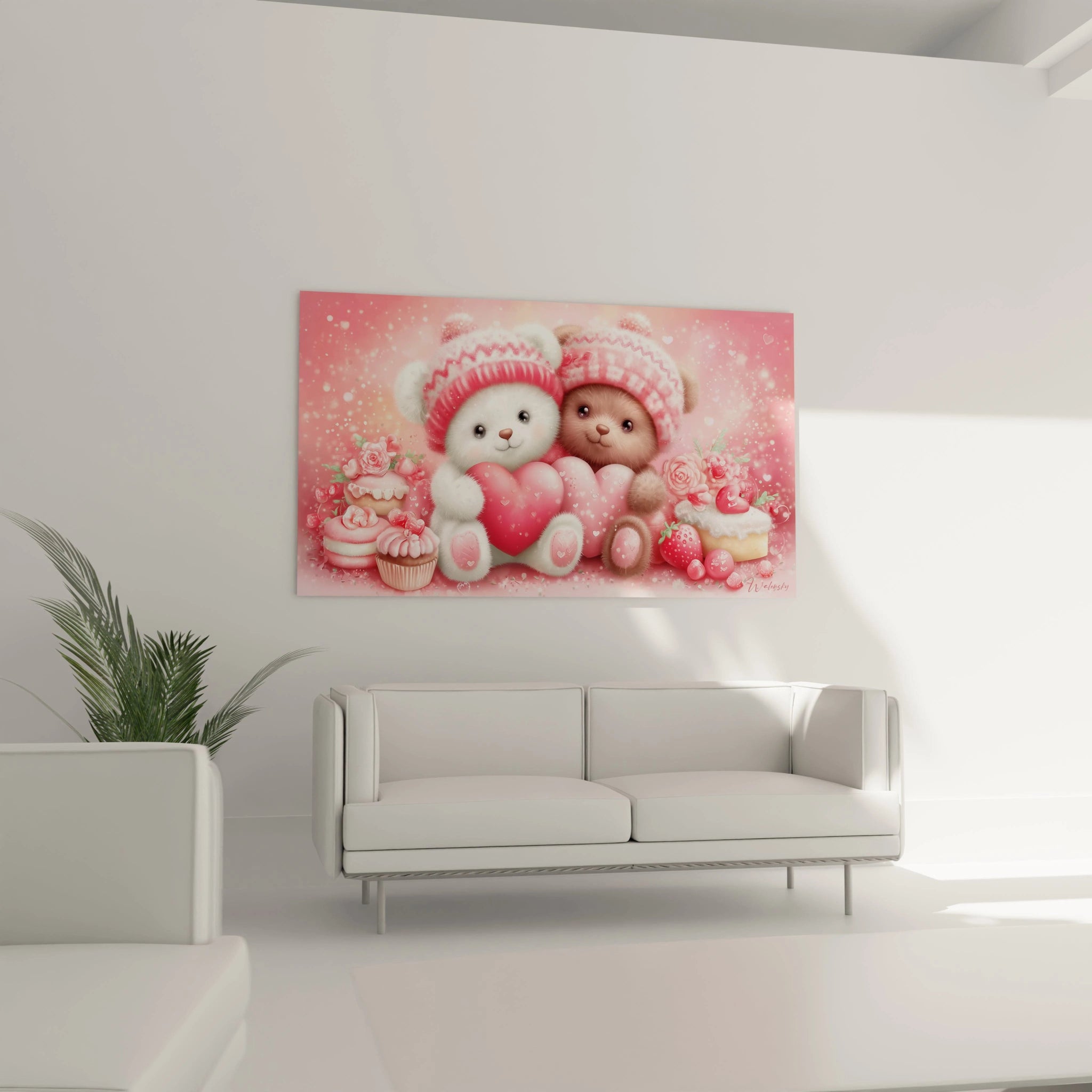 tableau ourson saint valentin Walensky affiche murale rose avec deux oursons tenant un coeur et patisseries