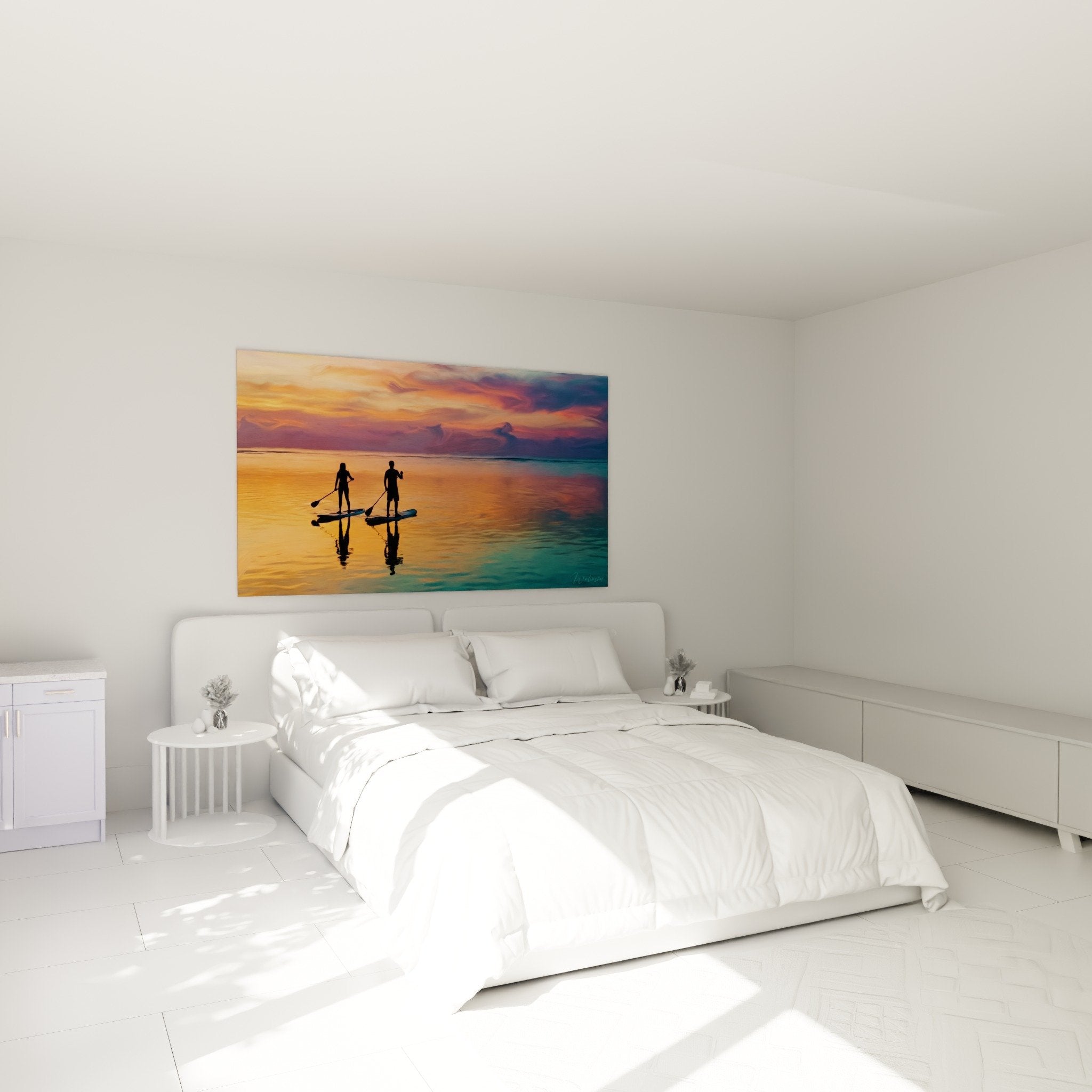 Tableau paddle tropical chambre mur blanc ambiance zen coucher soleil orange turquoise decoration