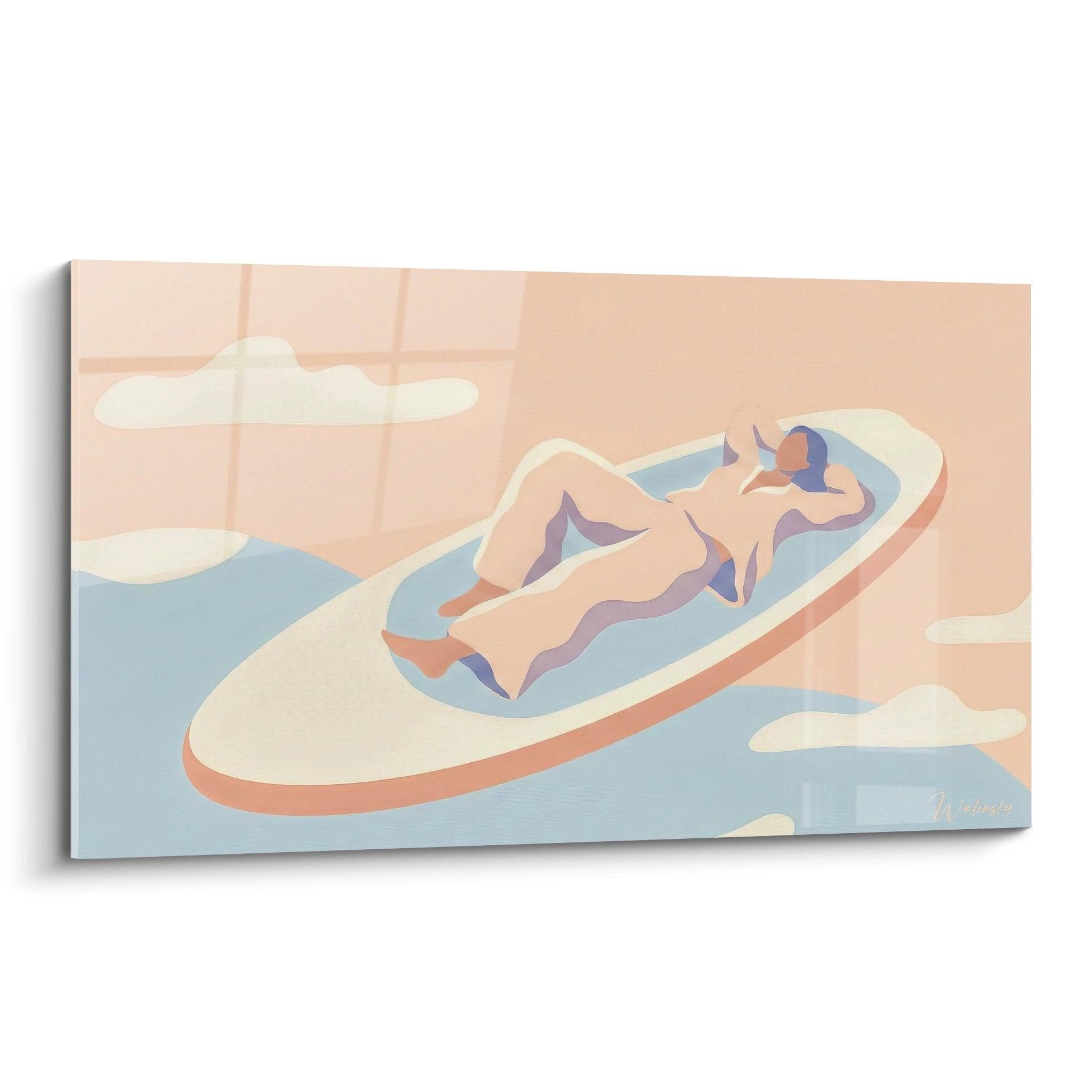 Gemälde entspannte Paddlerin auf Paddelbrett in Pastelltönen Koralle Blau minimalistischer künstlerischer Stil