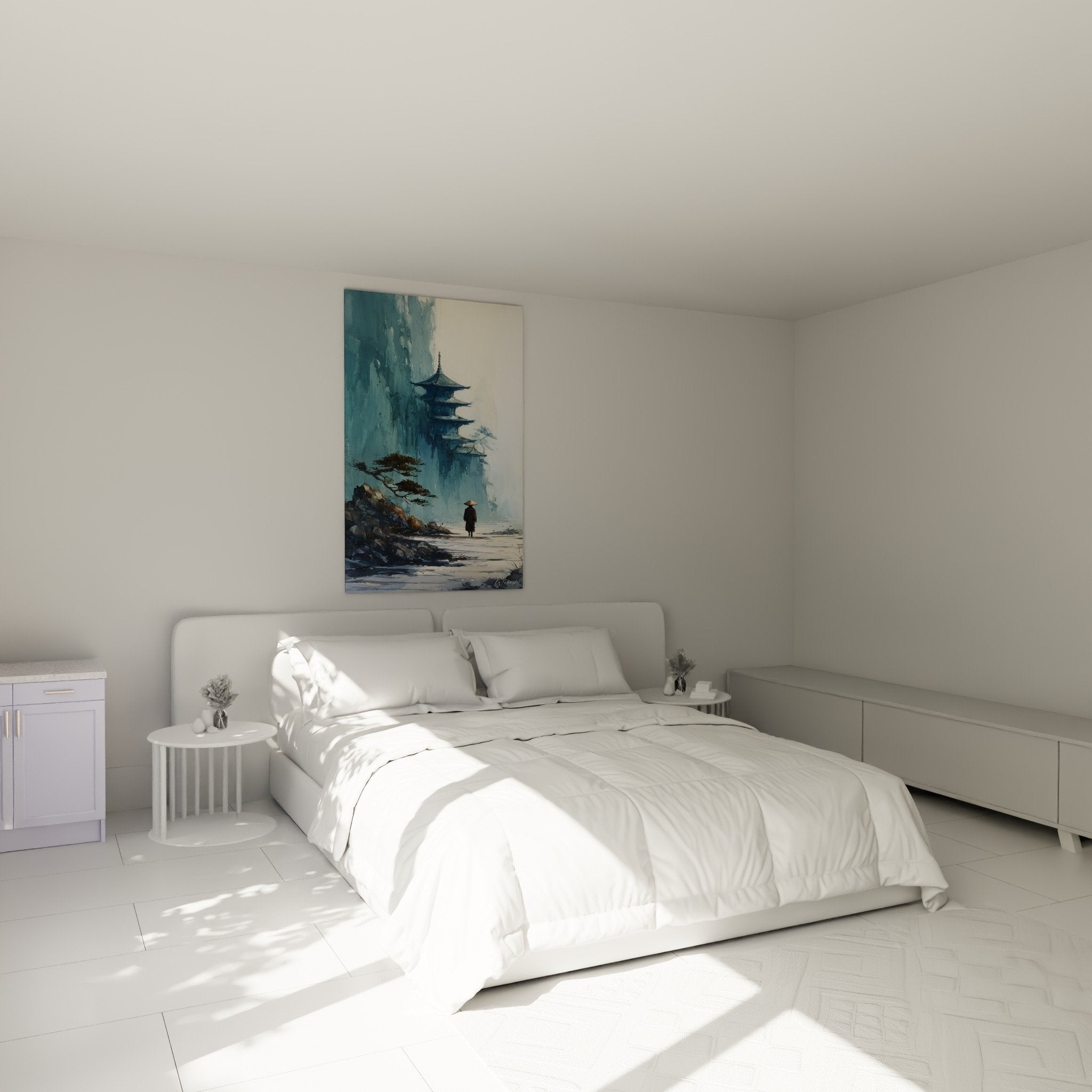 Oriental pagoda wall art blue tones installed above bed bedroom zen Asian decoration calming modern