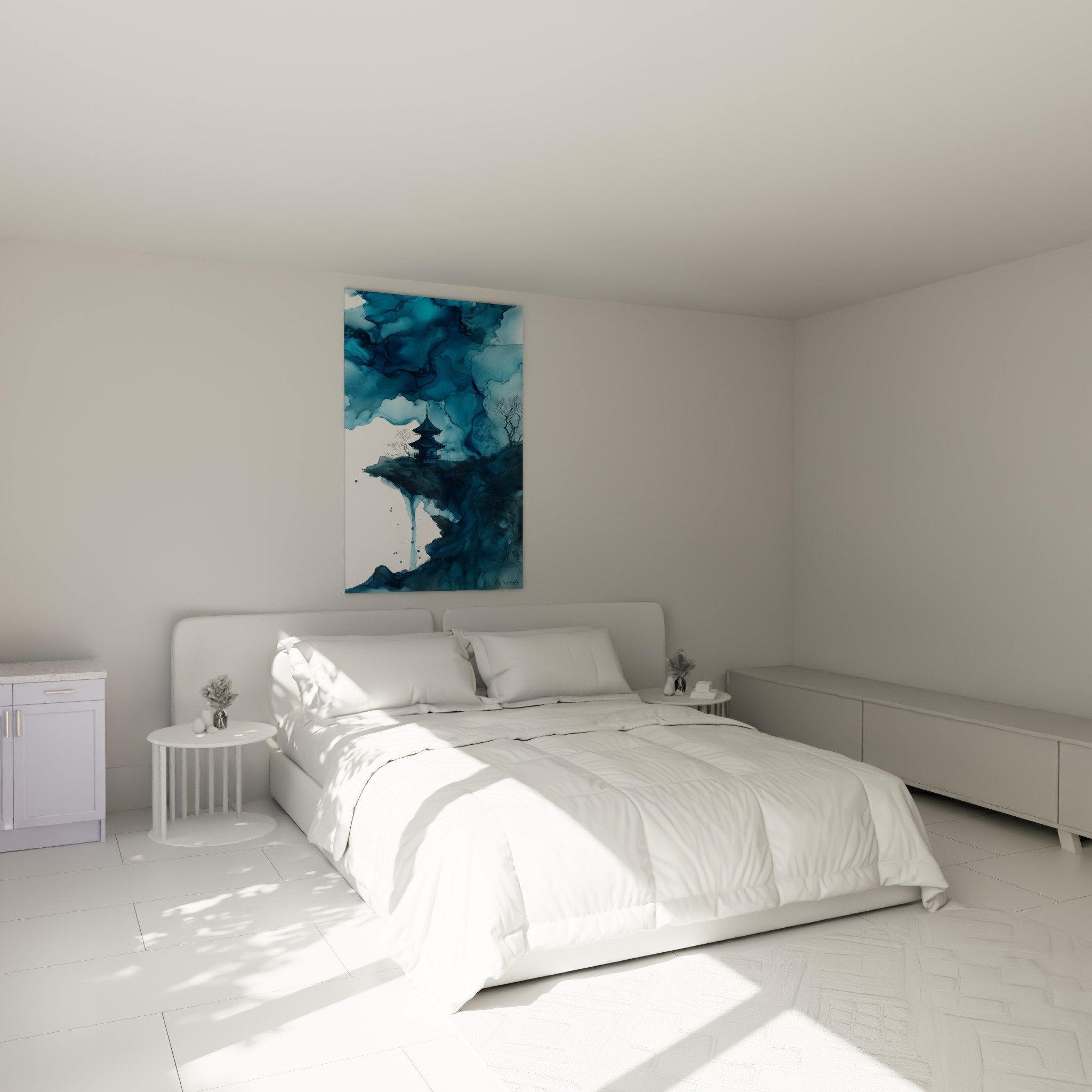 tableau pagode bleue chambre decoration murale zen ambiance apaisante orientale