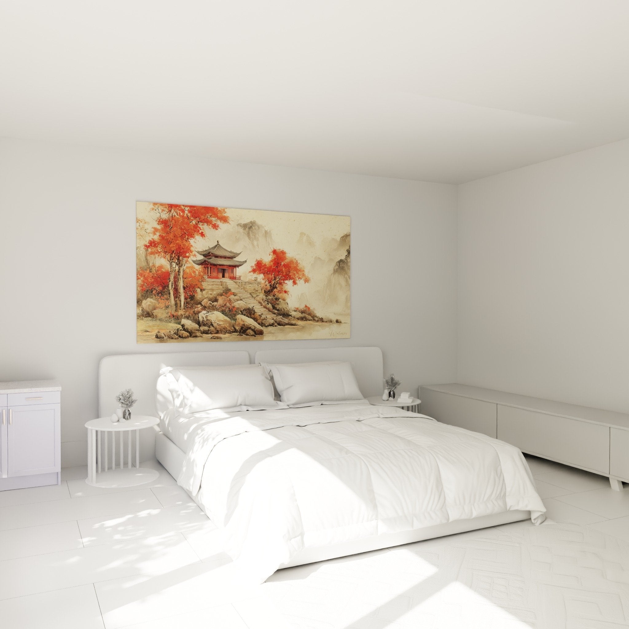 Decoration murale pagode orientale chambre ambiance zen rouge ocre temple traditionnel chinois