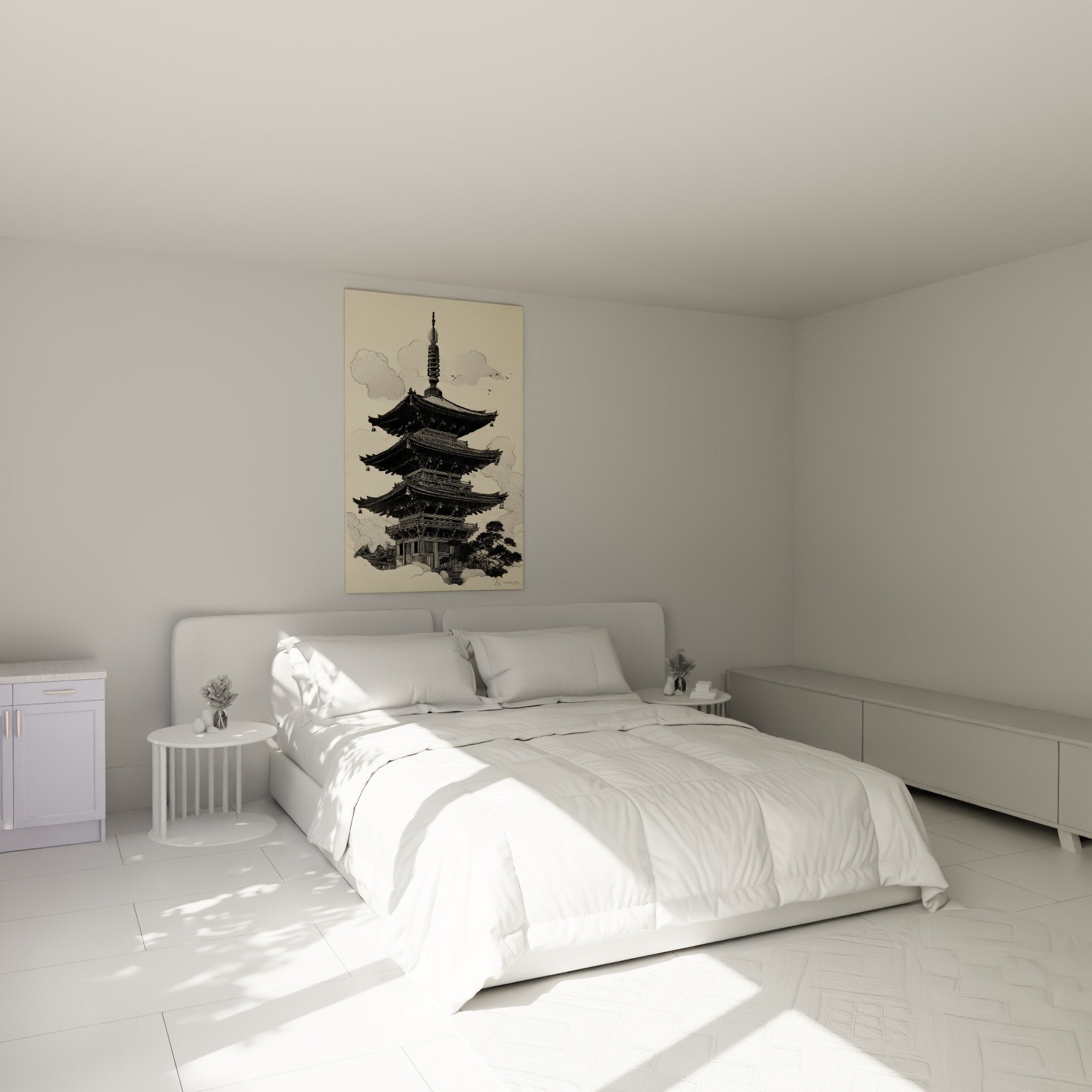Traditional black and white pagoda wall art bedroom decor Asian zen ambiance