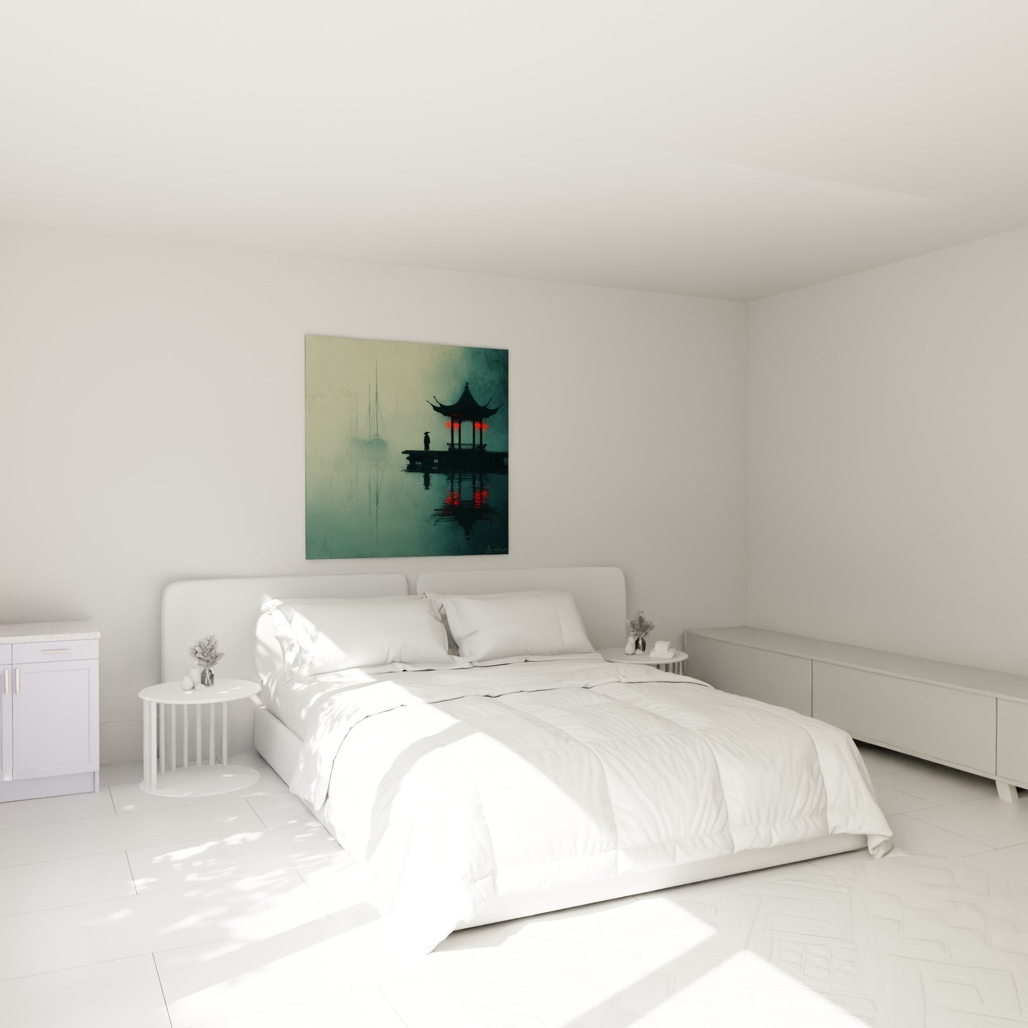 Tableau pagode orientale lanternes rouges dans chambre moderne ambiance zen decoration murale