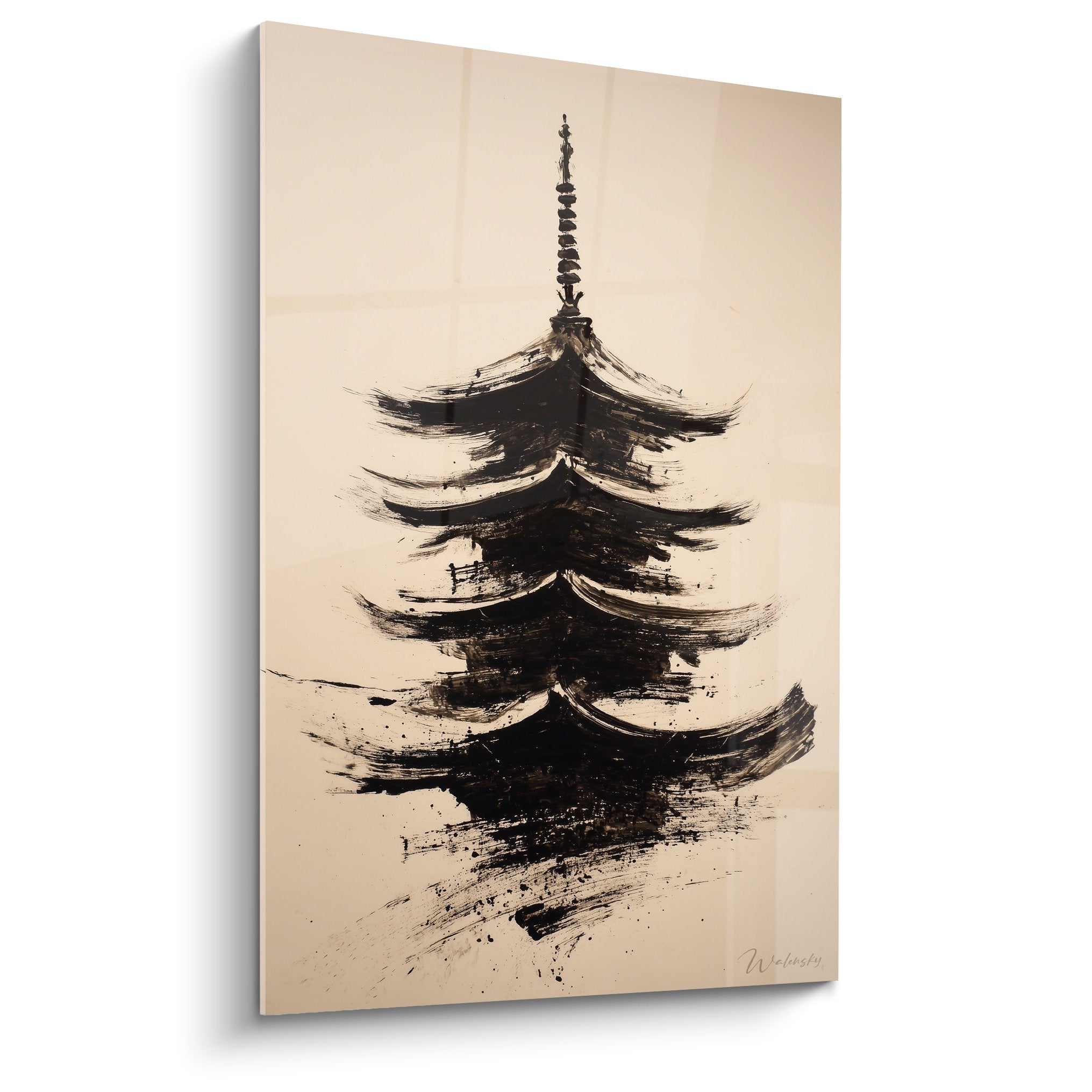 Black pagoda ink painting beige background minimalist zen style Japanese art
