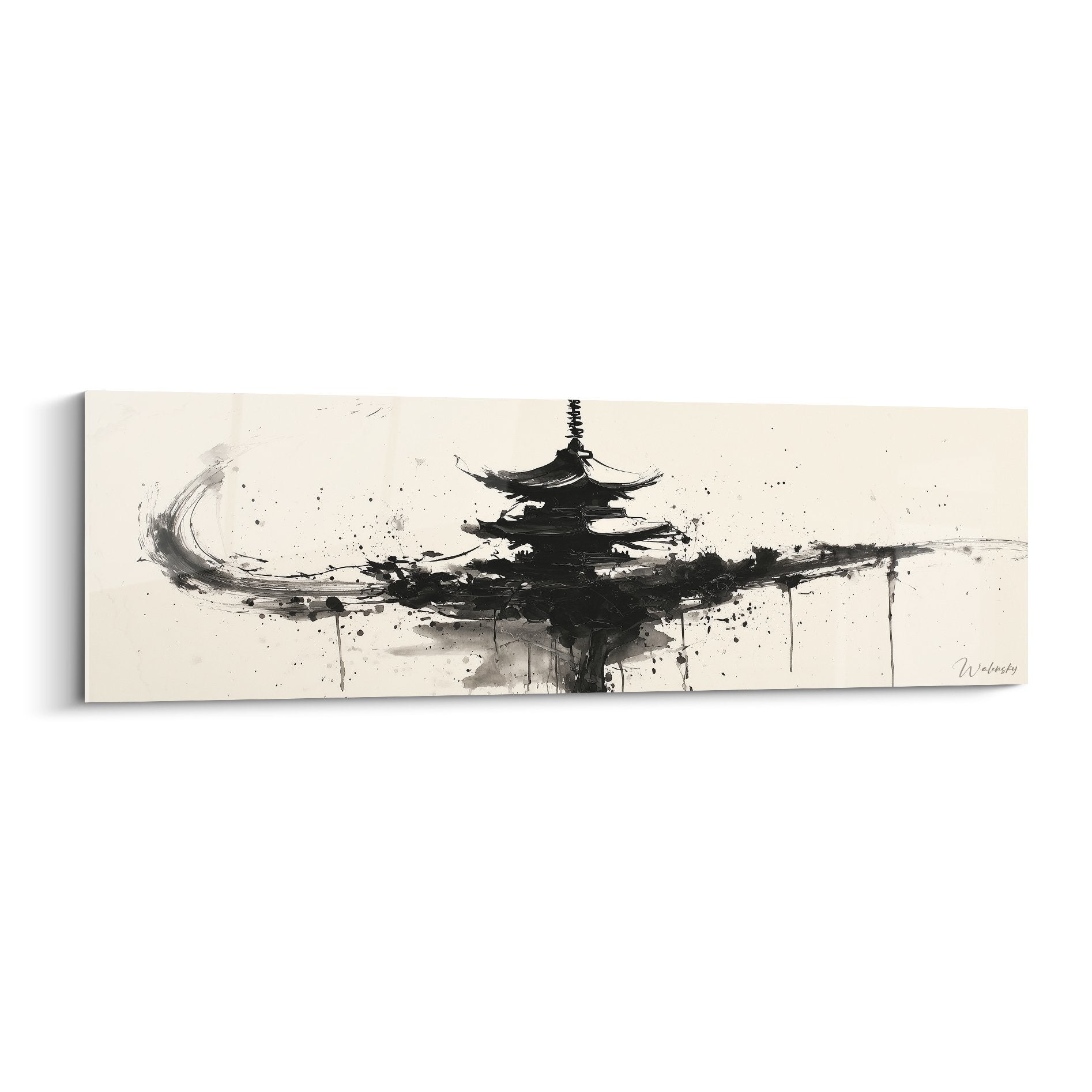 Black pagoda painting Chinese ink on beige background with expressive splashes contemporary Asian art