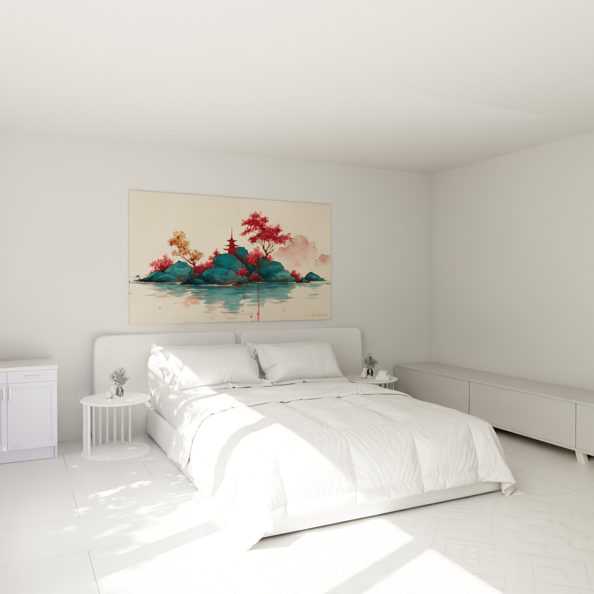 japanese landscape painting pagoda bedroom wall art autumn red coral blue turquoise zen atmosphere