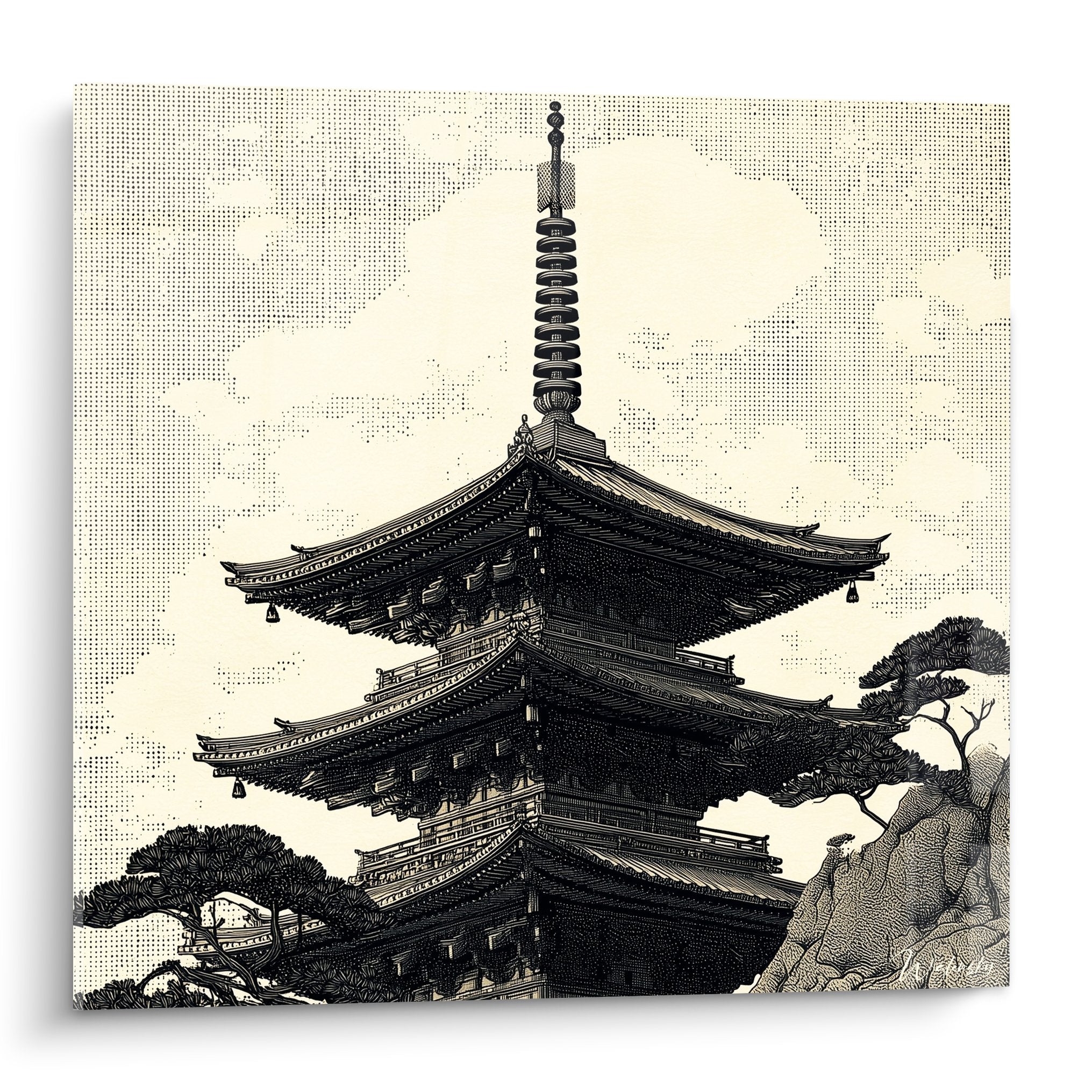 Tableau pagode japonaise noir beige style gravure traditionnelle trois etages architecture orientale zen