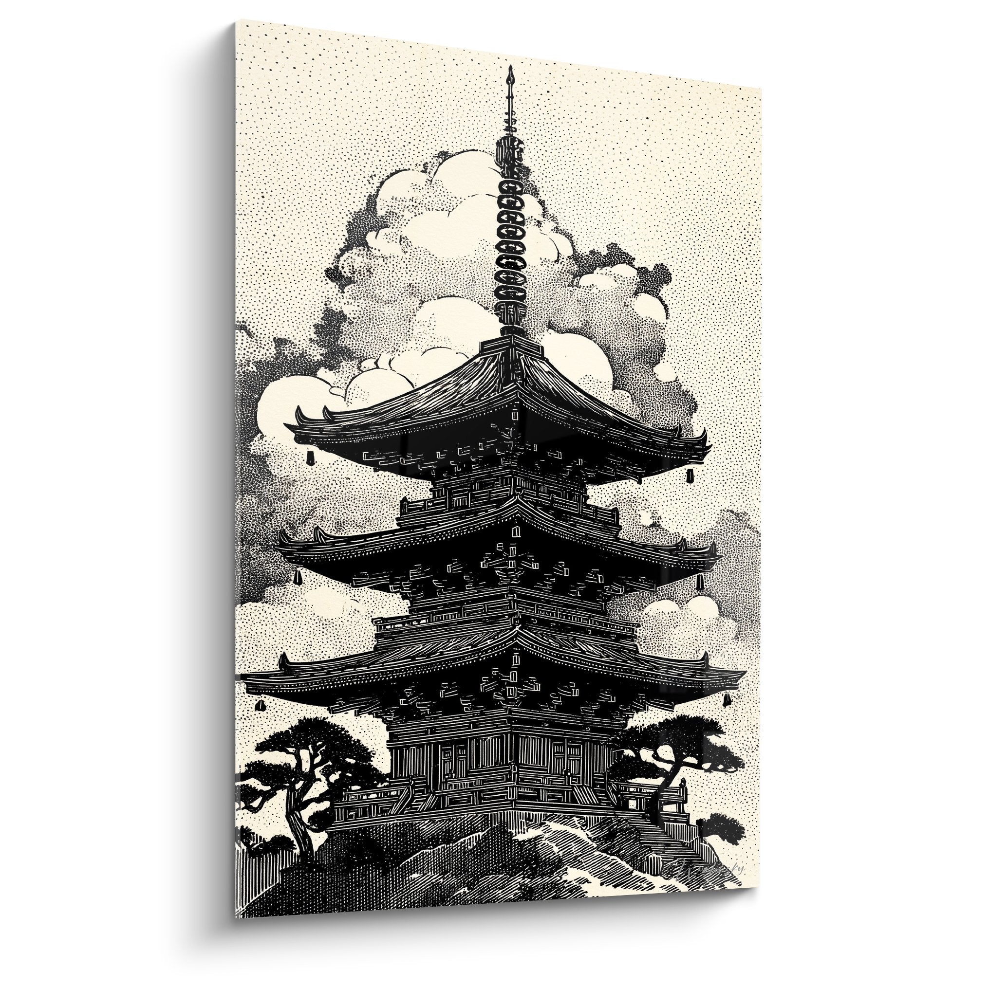 Illustration vintage noir et blanc d'une pagode japonaise à trois étages avec nuages stylisés sur fond crème