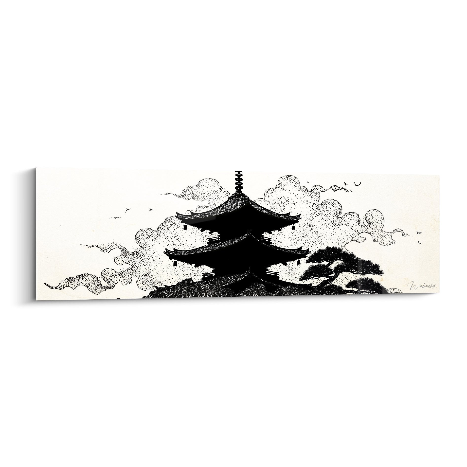 Tableau pagode japonaise silhouette noire nuages pointilles art zen noir blanc decoration murale