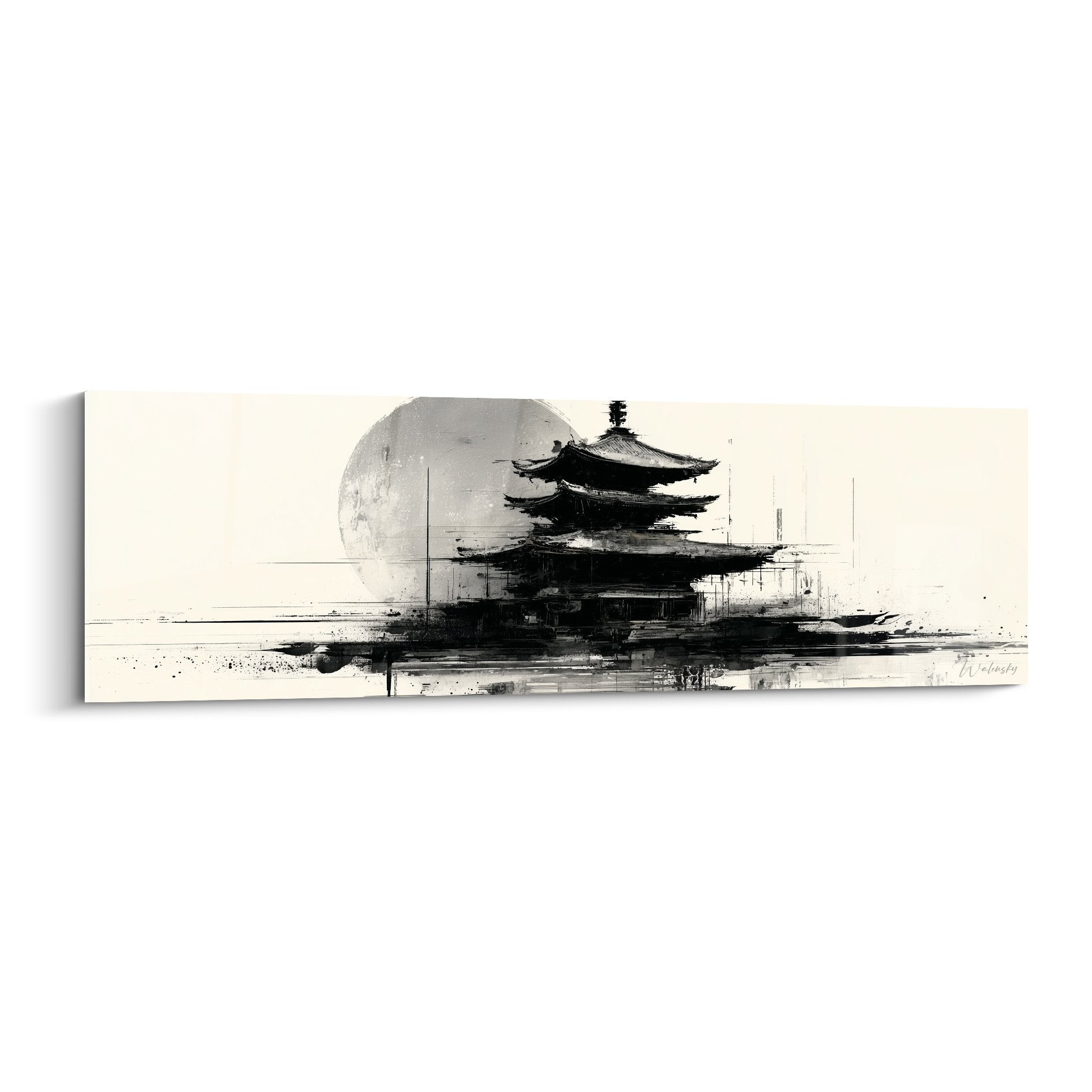 Tableau pagode asiatique noir et blanc style encre de chine avec cercle lune et éclaboussures artistiques