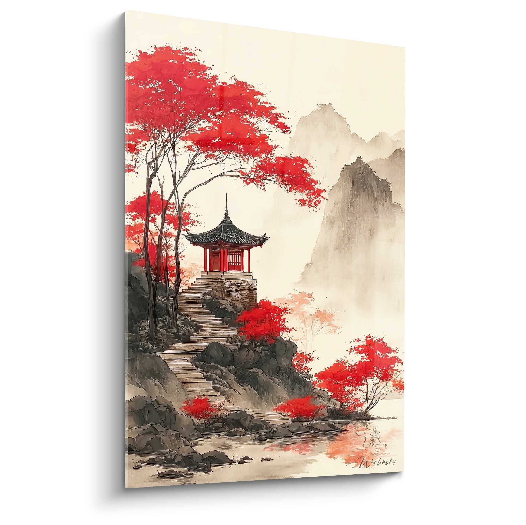 Tableau pagode rouge entourée érables écarlates montagnes brumeuses style japonais contemplation zen