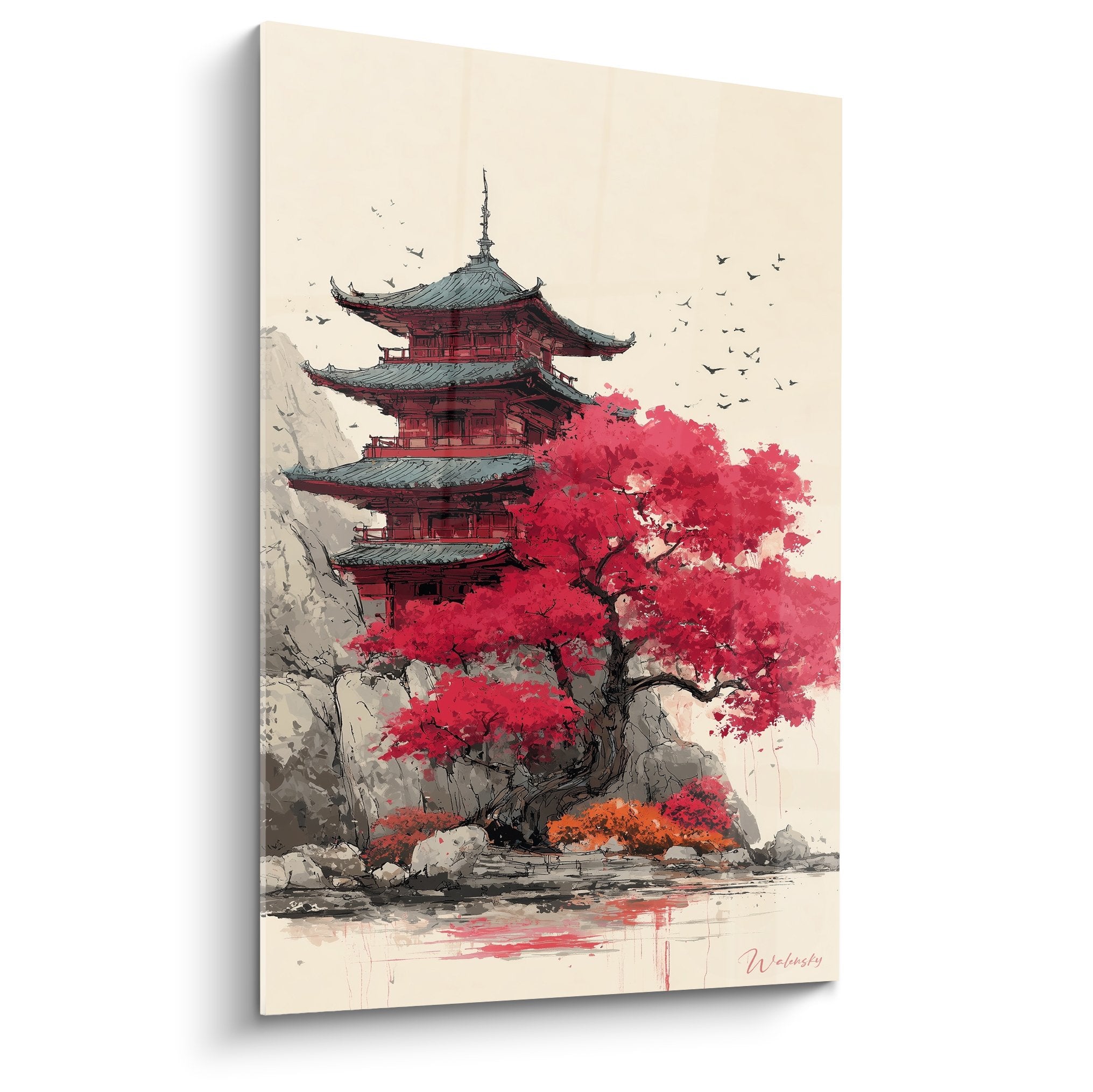 Red Japanese pagoda painting surrounded by purple autumn maples birds flying beige sky zen art