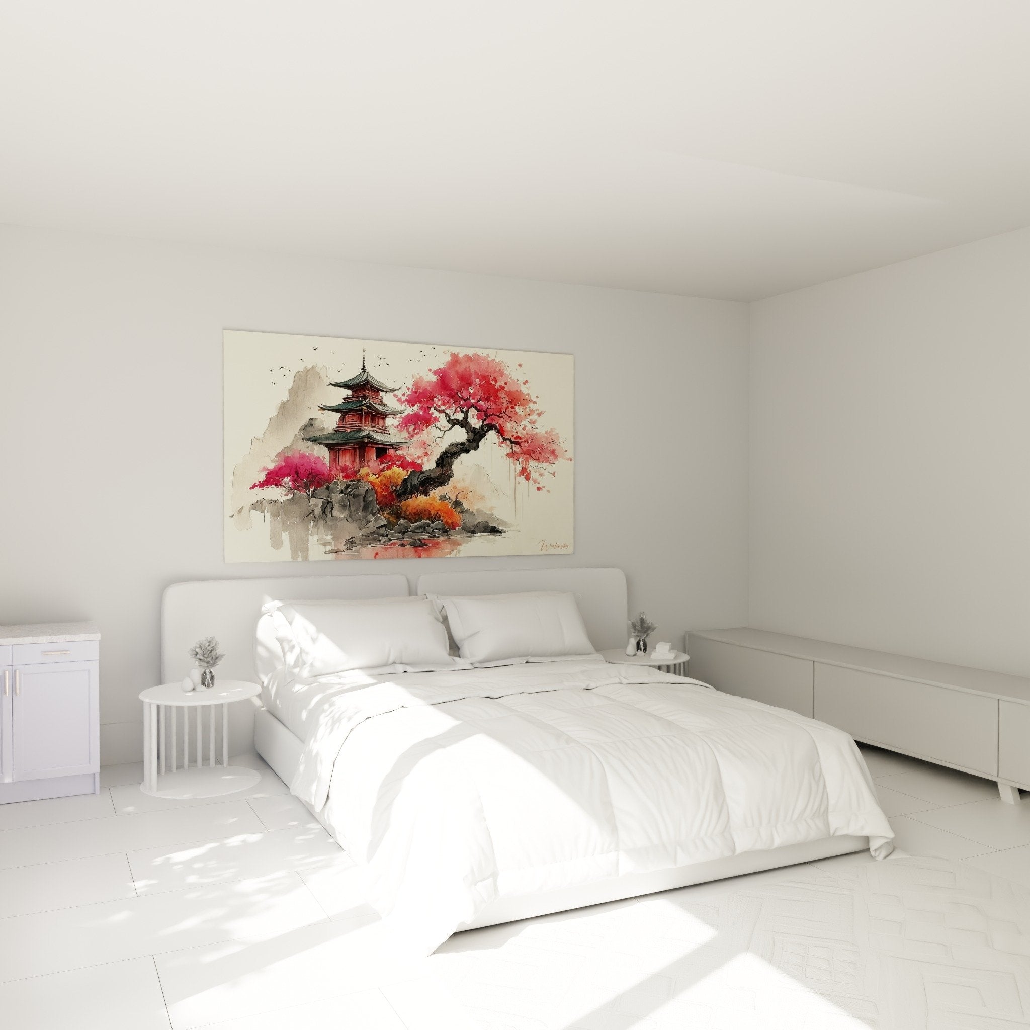 Decoration murale pagode temple rouge cerisiers roses chambre ambiance zen asiatique