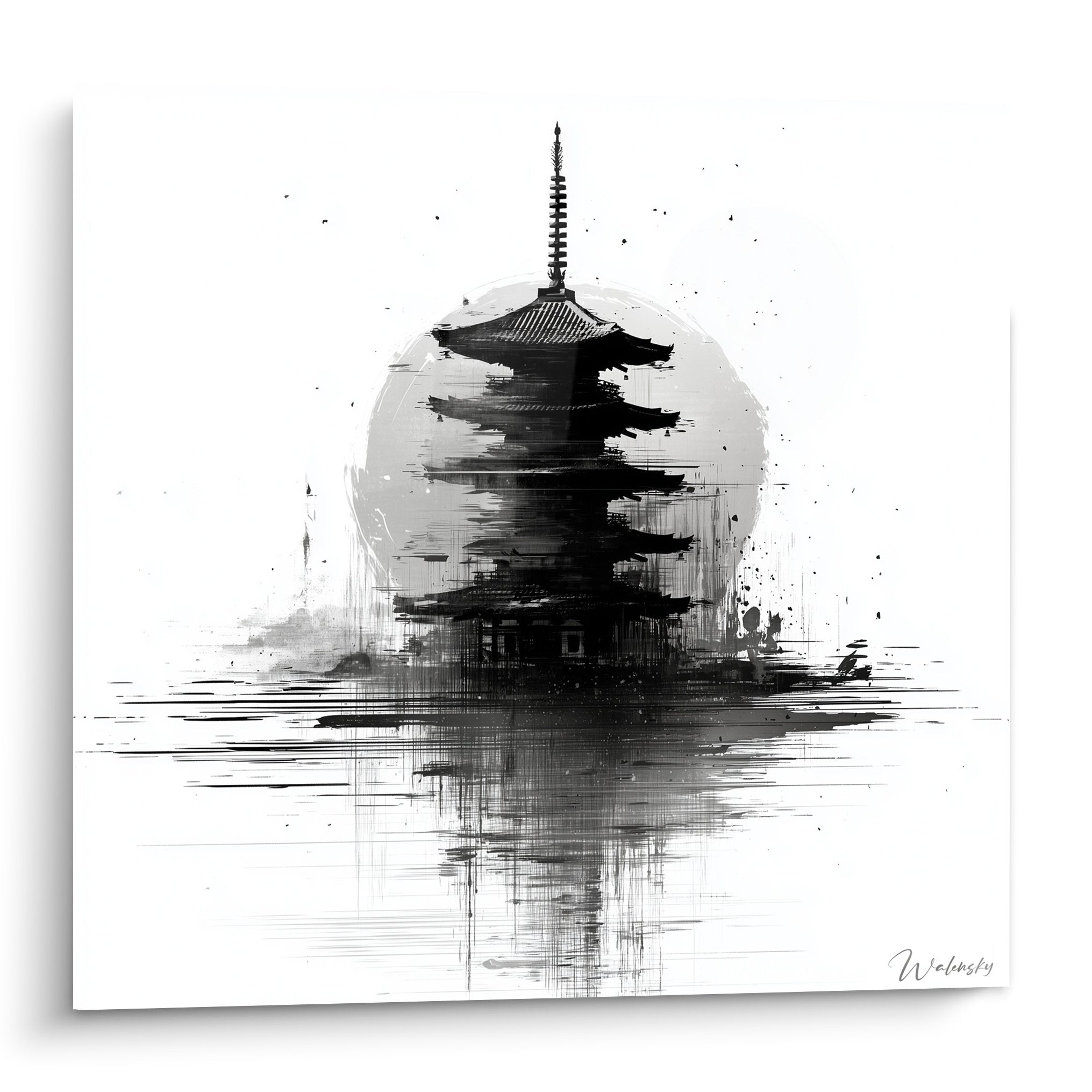 Tableau pagode traditionnelle asiatique en reflets aquarellés noir et blanc avec coulures d'encre artistiques