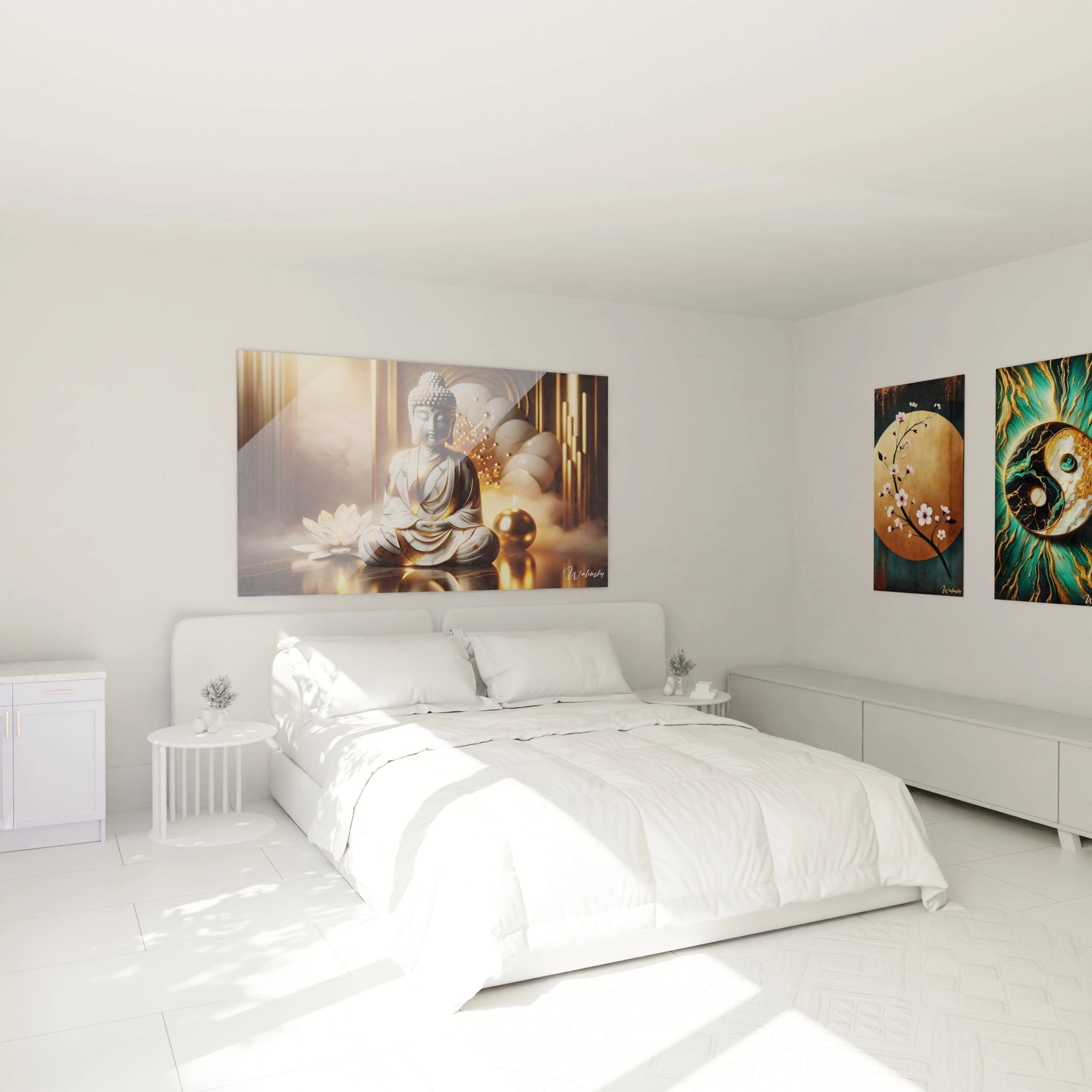 Tableau en verre acrylique zen et méditation, accroché au-dessus d'un lit dans une chambre paisible, créant une ambiance de sérénité et de détente."