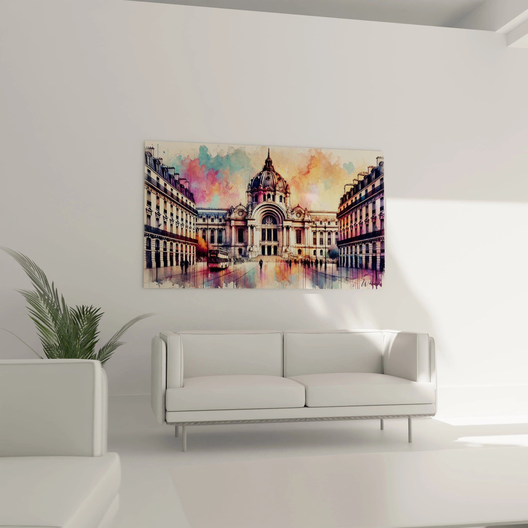 tableau Palais de Tokyo dans un salon sublime la pièce avec ses dégradés dynamiques et détails architecturaux précis. Il transforme l’espace en un lieu élégant et captivant, rappelant Paris et son art.