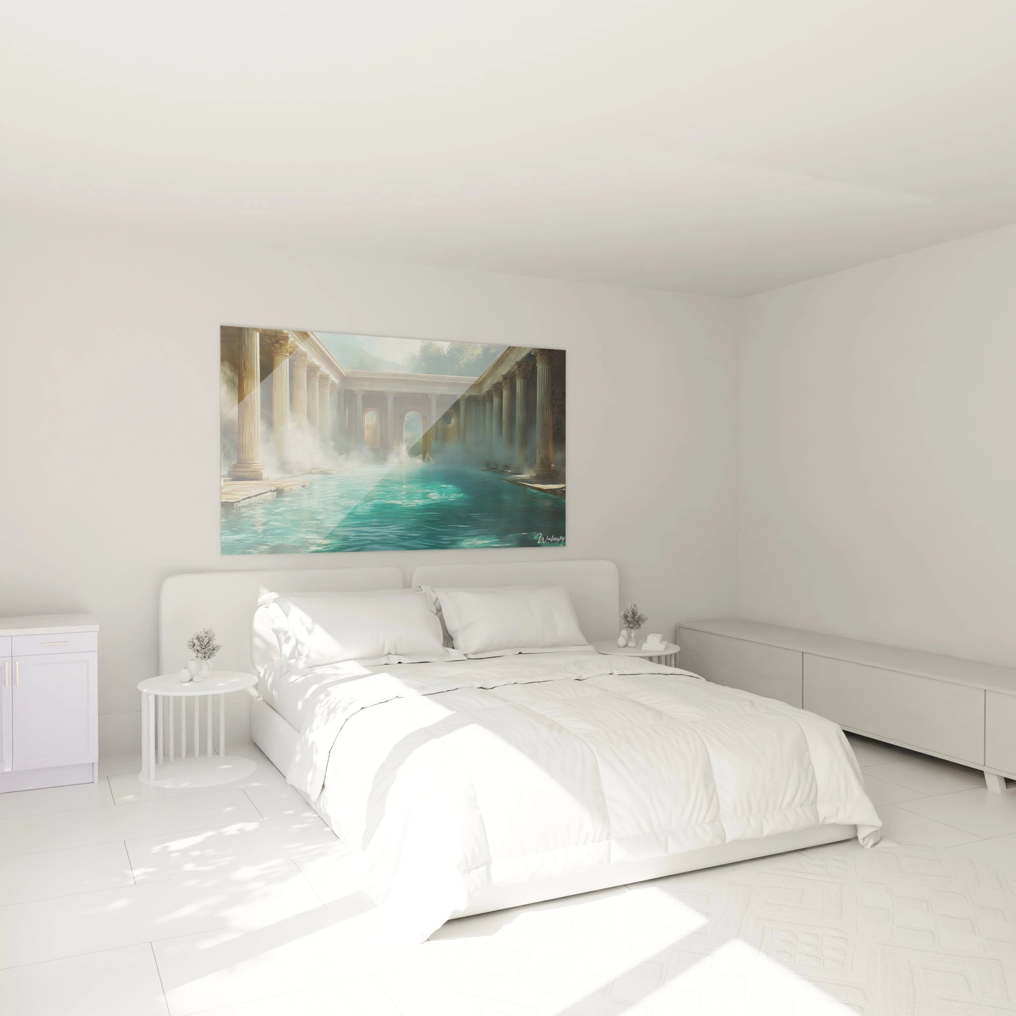 Un tableau architectural montrant un bain thermal romain avec imposantes colonnes en marbre beige encadrant une piscine aux eaux turquoise, enveloppée de vapeur blanche, sous un ciel visible par une ouverture, évoquant la grandeur classique.