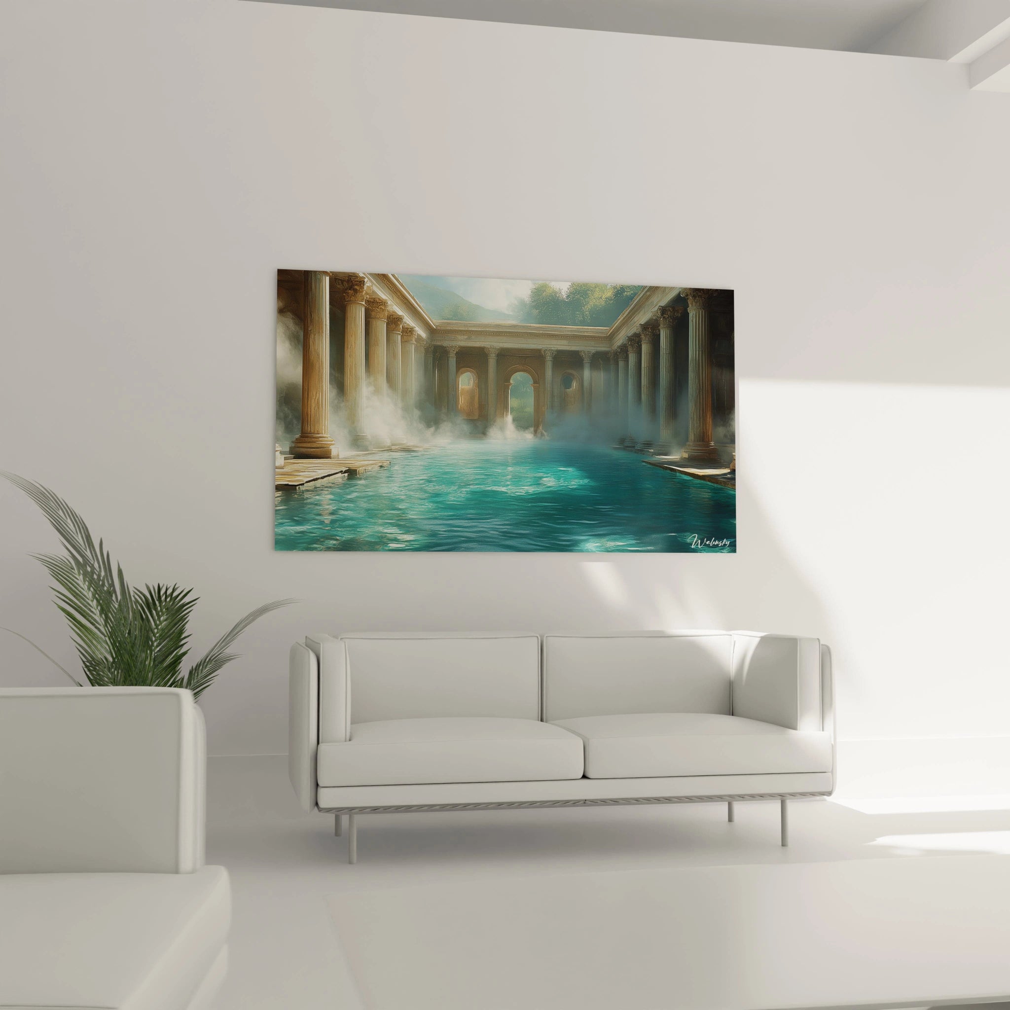 Un tableau de thermes antiques présentant un bassin d'eau turquoise brillante entouré de colonnes classiques massives, où la brume s'élève de la surface aqueuse, créant un jeu de lumière entre ombre et clarté à travers l'architecture imposante.