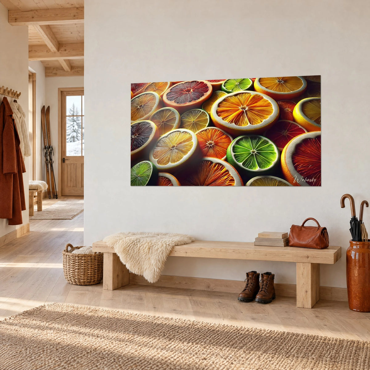 Gemälde Scheiben von rubinroter Grapefruit und bernsteinfarbener Orange auf dunklem Hintergrund, an einer weißen Wand neben einer Holzbank