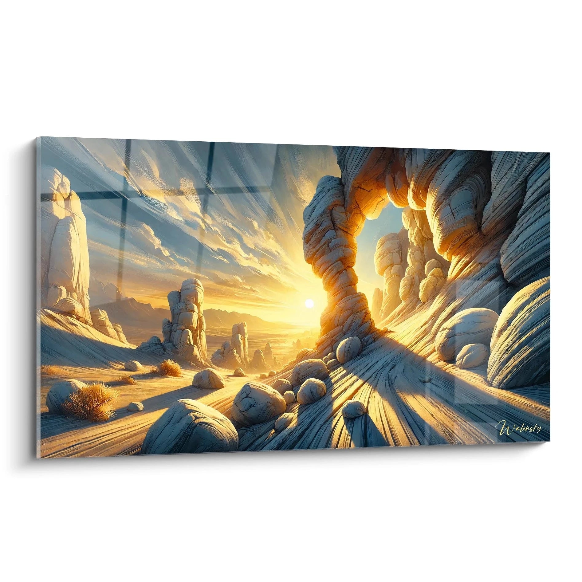 Dans ce tableau Coucher de Soleil, admirez la beauté du désert au crépuscule. Les formes sculptées et les couleurs dorées créent un moment suspendu. Un ajout parfait à votre décoration.