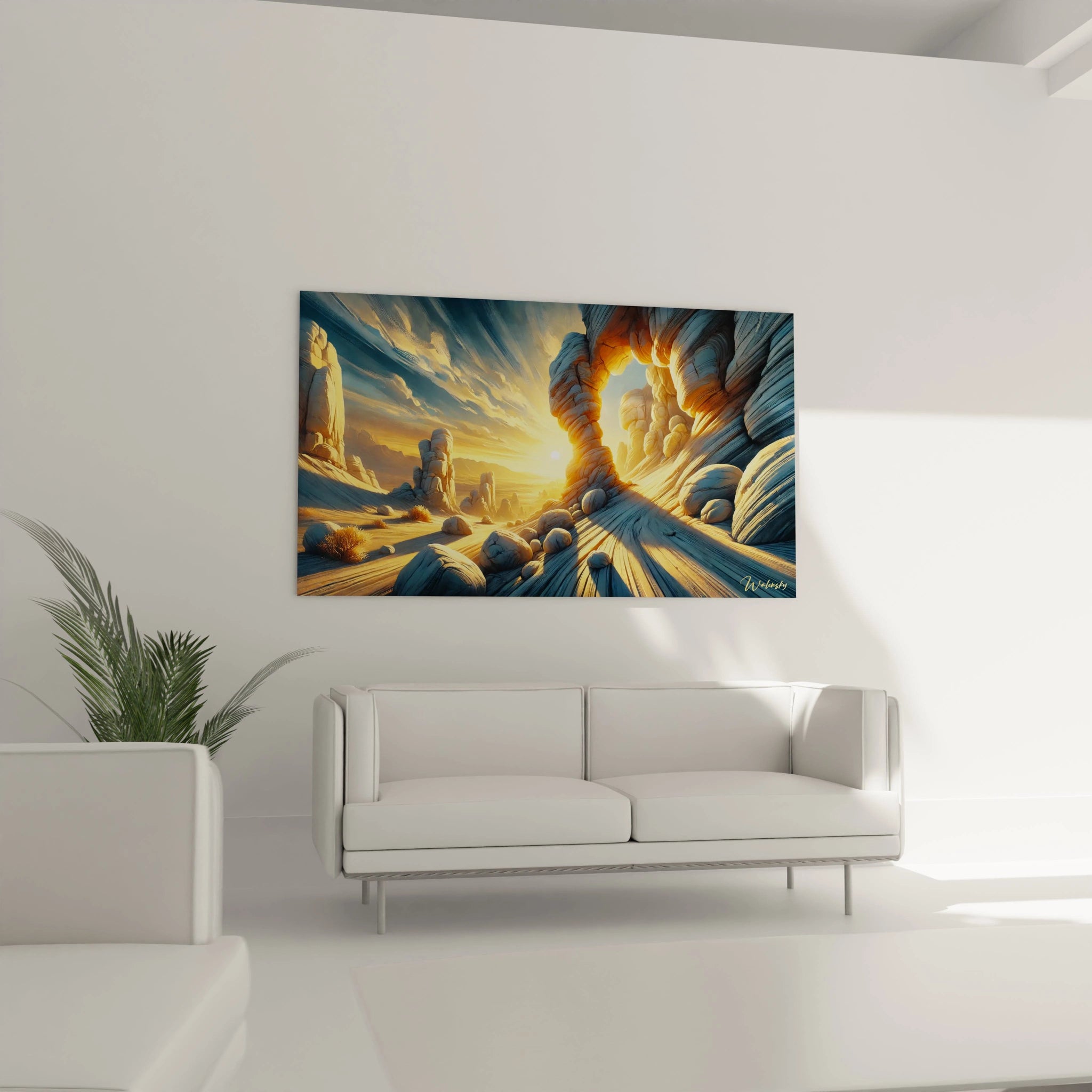 Illuminez votre salon avec ce tableau Coucher de Soleil, suspendu au-dessus du canapé. Les ombres et lumières du désert ajoutent une touche contemporaine à votre espace de vie.