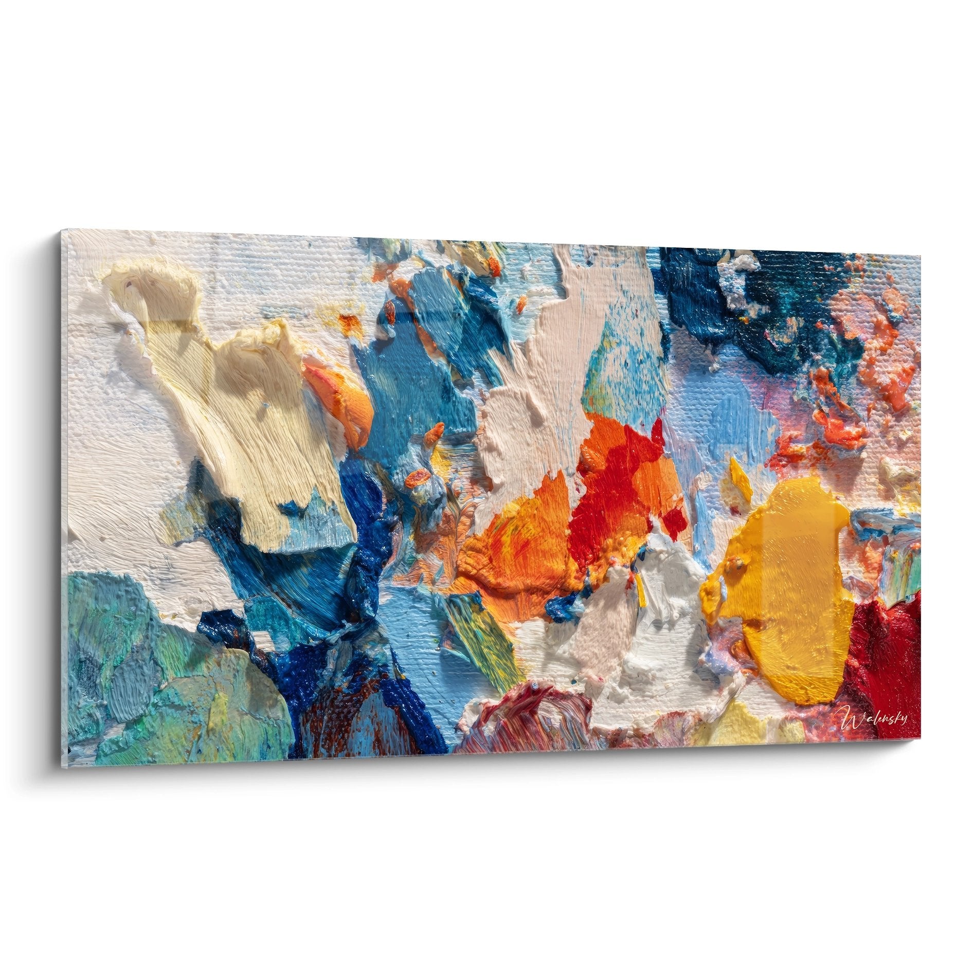 Tableau palette peinture abstraite aux couleurs vives bleu orange jaune pour décoration murale moderne