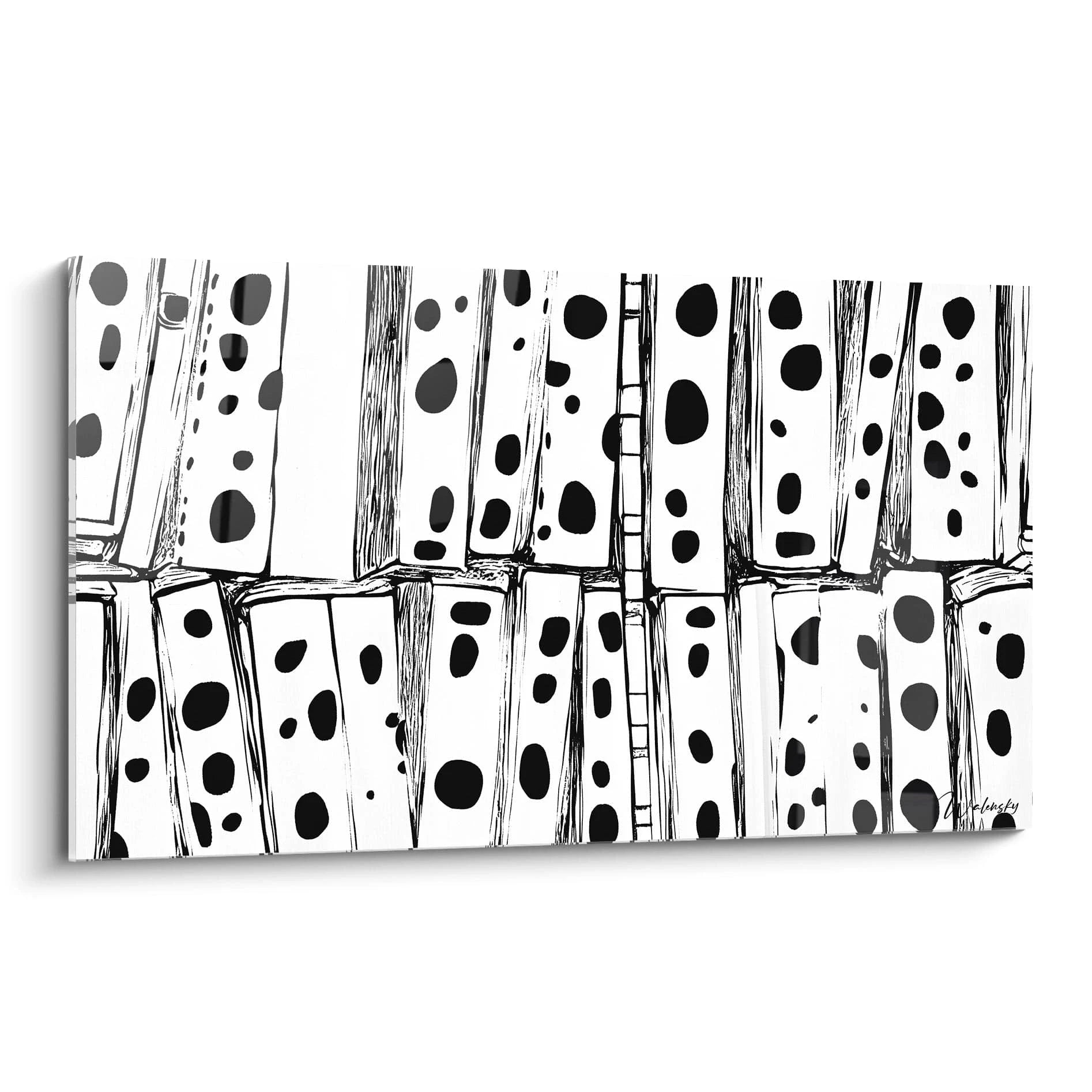 Tableau tacheté noir et blanc de Walensky avec un motif de dominos en arrière-plan