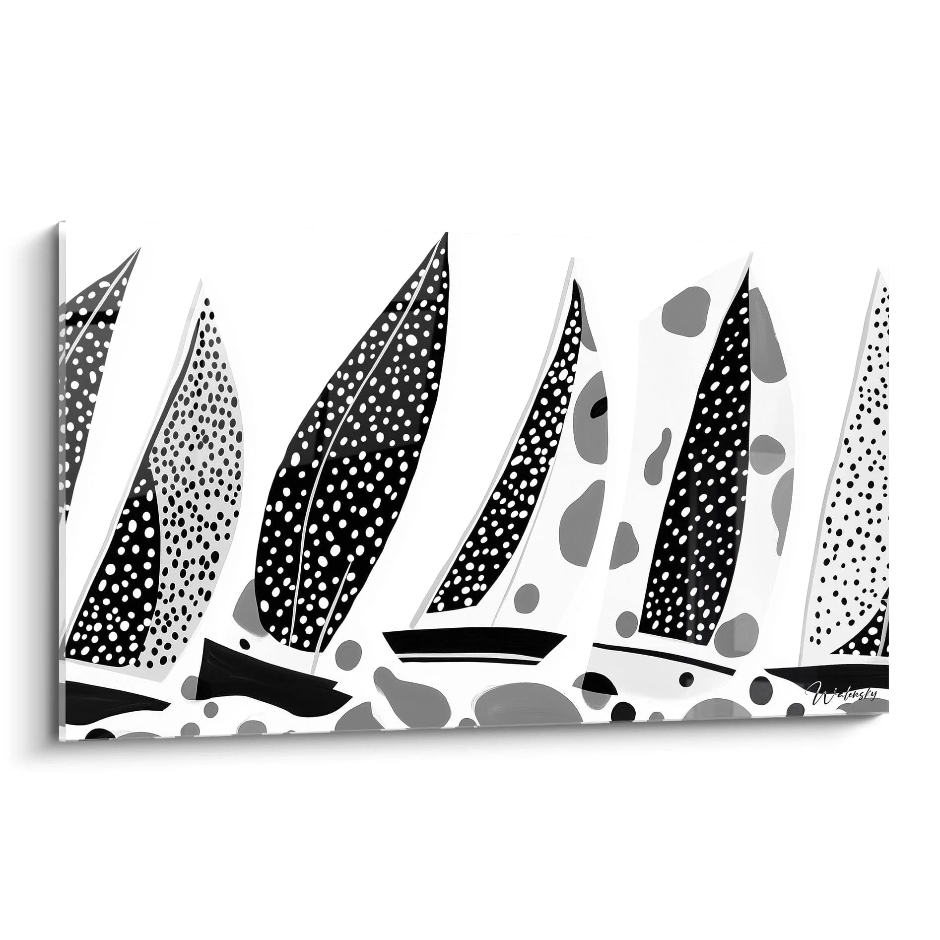 Tableau tacheté noir et blanc de Walensky illustrant des voiles stylisées en monochrome