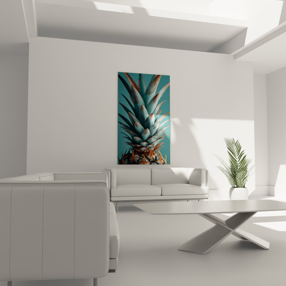 Feuillage d'ananas texturé bleu-gris et orangé au-dessus d'un canapé dans un salon lumineux