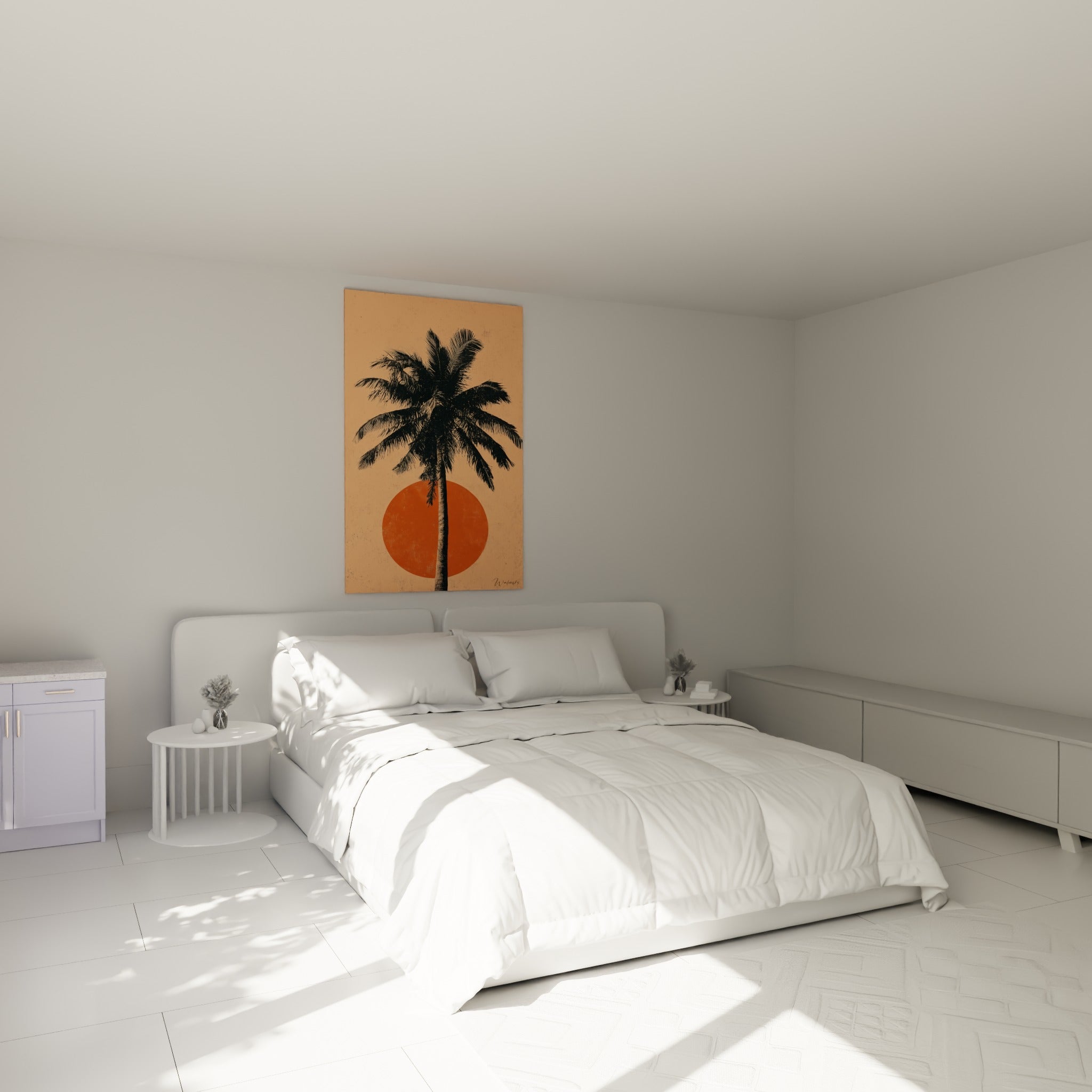 Palmier noir et soleil orangé sur fond abricot accroché au-dessus d'un lit dans une chambre claire