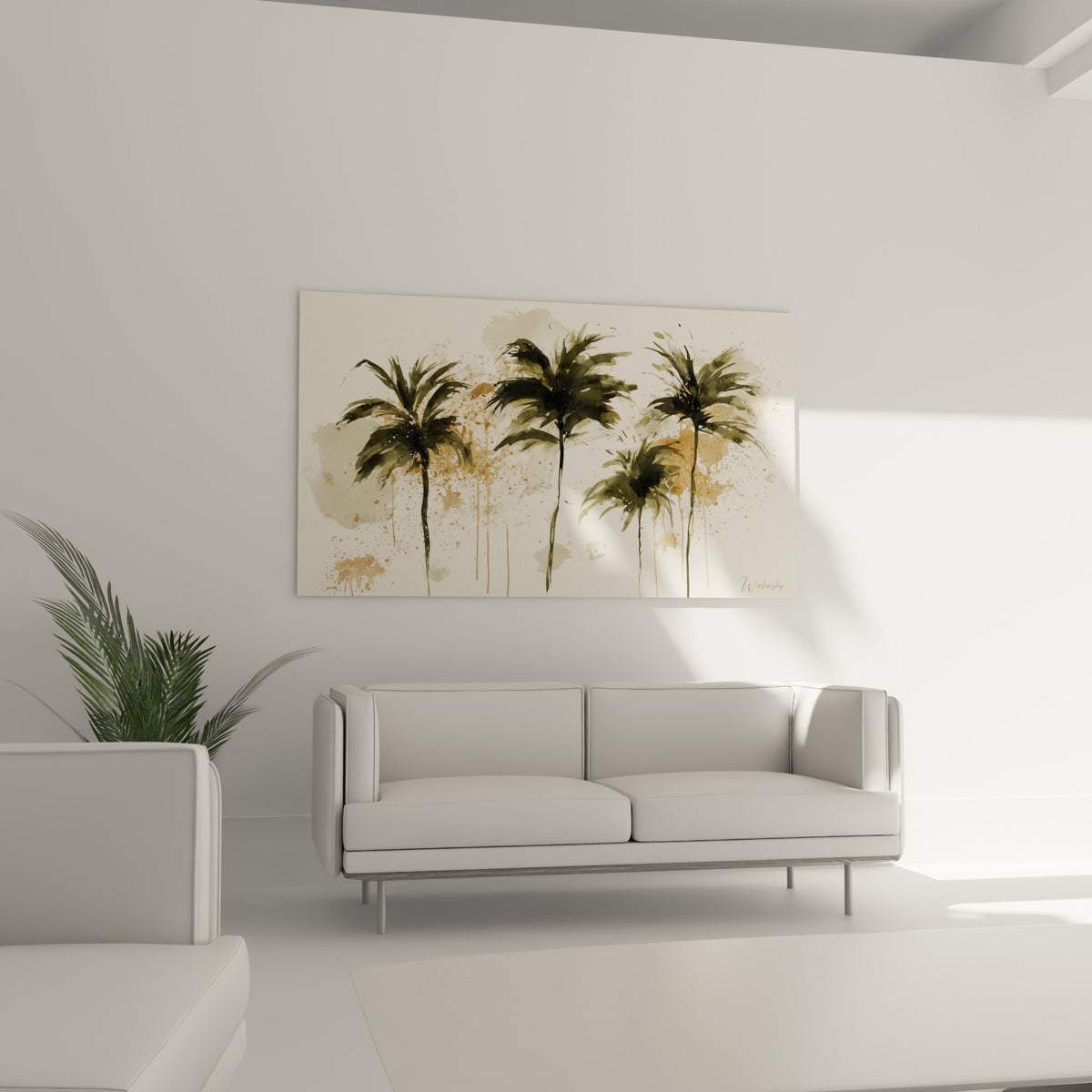 Feuillages sombres et coulures ocre des palmiers, disposés au-dessus d'un canapé dans un salon lumineux