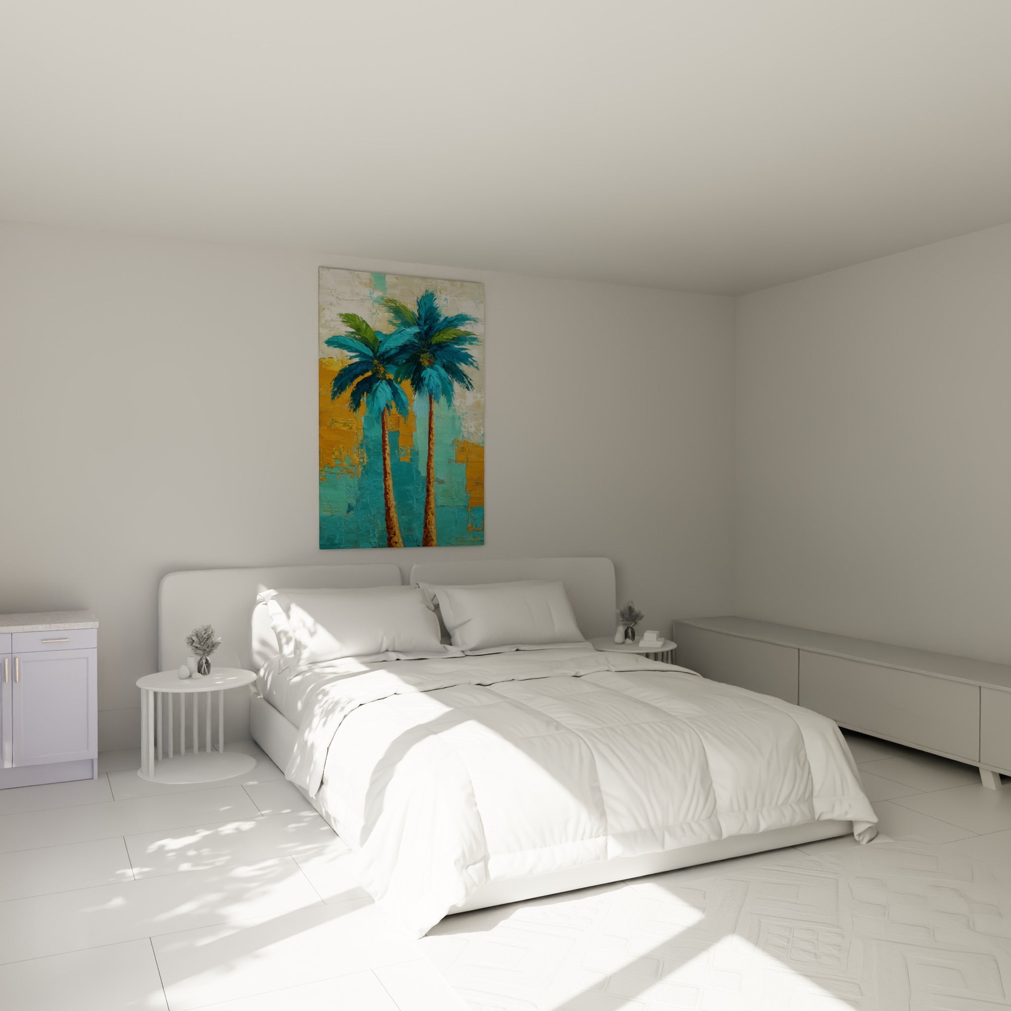 Deux palmiers bleu turquoise et ocre suspendus au-dessus d'un lit dans une chambre claire